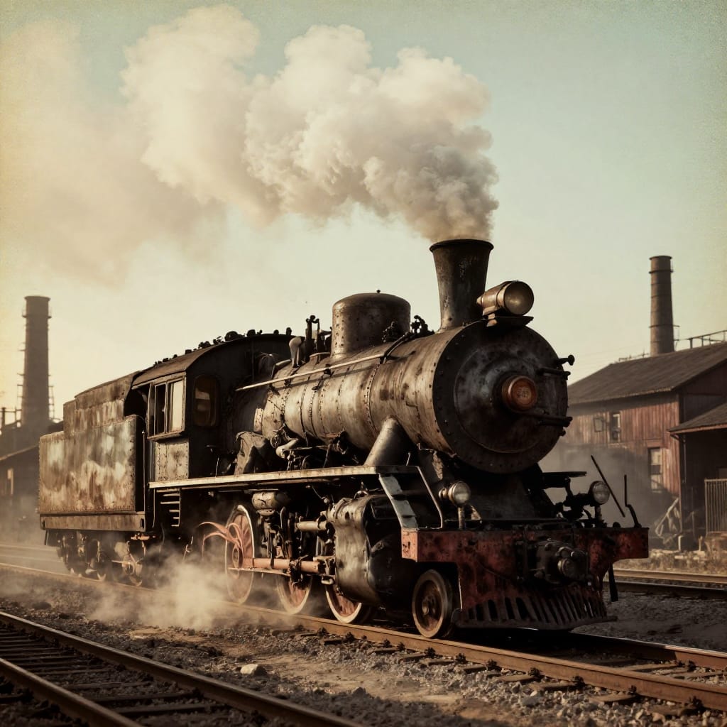 A vintage steam locomotive, its weathered iron body pitted and covered in thick soot, stands silhouetted against a clear sky as a dense plume of white steam curls upward from its smokestack. The scene unfolds on a railway track flanked by industrial buildings and smokestacks, their forms softened by the golden light of late afternoon. Rendered in early 20th-century photographic style with a warm sepia filter, the image captures every detail: the intricate rivets of the locomotive’s frame, the soot-streaked coal bunker, and the steam’s voluminous texture as it billows into the air. Soft, directional light from the setting sun casts long shadows across the tracks and structures, highlighting the grainy texture of aged paper or canvas-like surface with subtle film noise. The color palette is rich in earthy browns, grays, and muted greens, enhanced by a warm sepia tone that evokes nostalgia. The overall atmosphere is one of quiet reverence, capturing the enduring power and timeless presence of the industrial era through a lens of gentle warmth and historical depth.