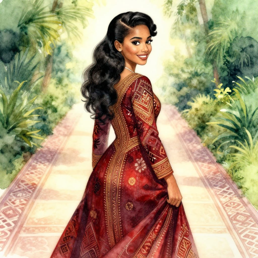 In a vibrant ink-and-watercolor illustration, a 25-year-old Somali woman with a side-part comb-over hairstyle featuring a high fade and soft, voluminous waves walks down an aisle. Her heavy-lidded eyes, framed by delicate eyelashes, glisten with warmth as she smiles toward the viewer, her hand gently brushing the back of her gown. She wears a richly detailed bridal gown with intricate embroidery of traditional Somali patterns—geometric shapes, floral motifs, and subtle color gradients in deep reds, golds, and blacks. The composition is centered on her figure, viewed from behind as she walks forward, with a soft-focus background of lush greenery and a long aisle lined with ornate tile patterns. The lighting is warm and directional from the front-left, casting gentle highlights on her skin, hair, and gown while creating soft shadows that enhance depth. The watercolor washes gently blend into the background, adding a dreamy atmosphere, while crisp ink outlines define her features and the dress’s silhouette. The overall feeling is one of joyful celebration, cultural pride, and timeless beauty, captured with delicate precision and emotional warmth.