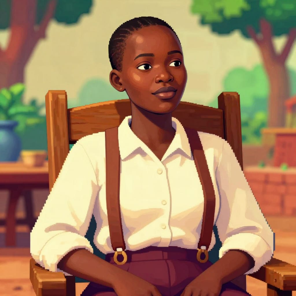 A medium shot captures a 35-year-old Guinean woman with short, slicked-back undercut hair, softly rounded eyes, and a warm, sunlit complexion. She sits backward in a wooden chair, her body relaxed but composed, wearing a loose suit with suspenders that draw attention to her unbuttoned shirt revealing a simple, clean collar. The scene is bathed in soft, natural light from the front, creating gentle highlights on her skin and hair while casting subtle shadows that define her facial features. The composition centers on her from the waist up, with the wooden chair’s backrest forming a natural frame in the midground. Background elements include a nearby table and distant trees, adding depth without distraction. Rendered in 16-bit retro game art style, the image features vibrant, saturated color palettes with bold reds, yellows, blues, and greens, enhanced by pixelated textures and clean, stylized lines. The overall mood is warm, nostalgic, and cheerful, evoking a timeless charm of classic gaming aesthetics.