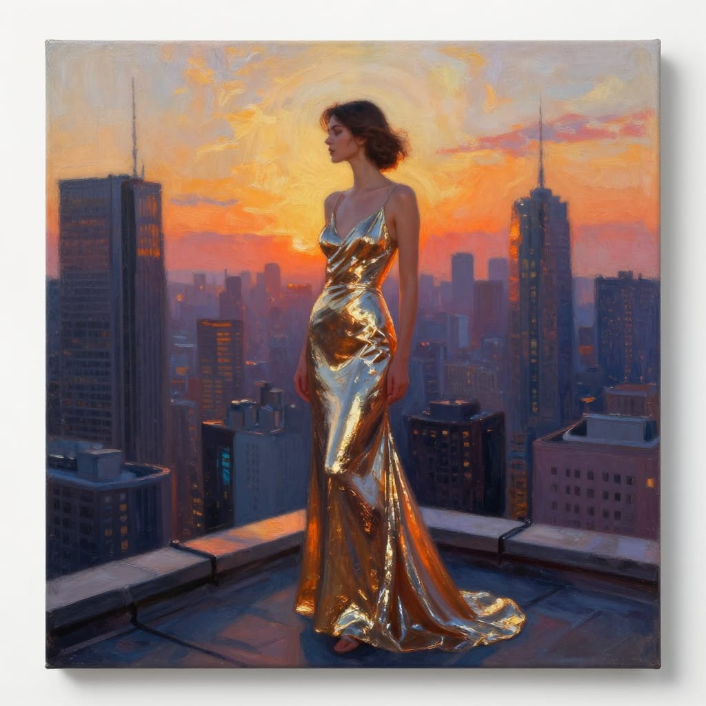 A painting on canvas captures a woman standing on a rooftop, her elegant metallic gown shimmering with a radiant sheen under the warm glow of sunset or sunrise. The composition balances her confident posture slightly off-center, drawing the eye to her figure and the vast cityscape that stretches below. The urban setting, framed by iconic skyscrapers, merges realism with a subtle surrealism through its layered depth and luminous atmosphere. The lighting is dramatic, casting strong contrasts between the golden-orange rays of the sun and the cool, shadowed silhouettes of the city, creating a visually striking interplay of light and dark. The metallic sheen of the gown reflects warm hues of gold and amber, while the city buildings exhibit a rich palette of muted blues, grays, and deep purples, enhancing the depth of the scene. The brushwork is meticulous, capturing fine textures in the fabric’s metallic weave and the smooth, reflective surface of the dress, with delicate strokes defining the contours of the buildings and the sky. The overall feeling is one of sophisticated glamour and urban enchantment, evoking a sense of timeless elegance and quiet wonder through its harmonious blend of realism and atmospheric beauty.
