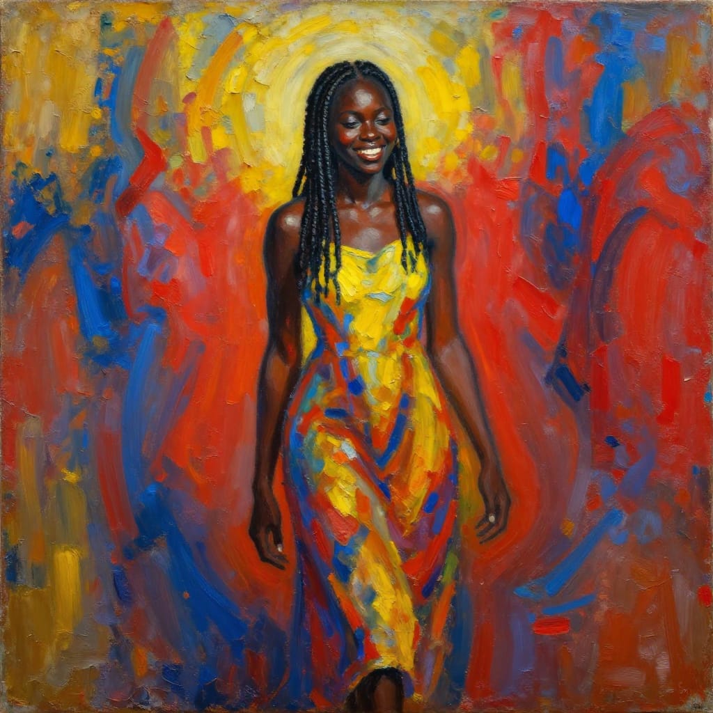 An abstract expressionist painting in a high-angle perspective, capturing a 25-year-old Congolese woman with richly textured cornrows and softly rounded eyes as she walks down an aisle. Her face, lit with a radiant smile, is rendered in bold, expressive brushwork that emphasizes warmth and joy. The background dissolves into swirling abstract forms—vibrant reds, deep blues, and golden yellows—creating dynamic motion and emotional depth. A soft, diffused light from above highlights her features and gown, casting gentle shadows that enhance dimensionality. The surface is a textured, aged canvas with visible impasto strokes, lending tactile richness to the scene. The composition balances intimate human emotion with expressive abstraction, evoking a sense of celebration and cultural pride through bold colors and energetic brushwork.