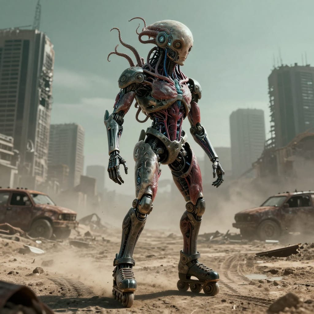 A hyper-detailed cyborg stands in the foreground of a vast, dusty post-apocalyptic urban wasteland, its body a seamless fusion of organic flesh and intricate mechanical parts. The subject features a massive, textured head with bulbous eyes and a crown of tentacle-like appendages extending from its temples, each adorned with glowing circuitry and faintly pulsating veins. Its armored torso is covered in layered plates of dark metal, interwoven with translucent, organic flesh that reveals intricate muscle fibers and blood vessels beneath. The figure’s legs are clad in sleek roller skates with metallic bearings, their movement hinted by faint tire tracks across the cracked asphalt. The background unfolds into a hazy, desolate cityscape of crumbling skyscrapers and rusted vehicles, rendered in soft focus to emphasize the subject’s dominance. Dramatic, low-angle lighting casts long shadows from towering structures, highlighting the sharp contrasts between light and shadow across the mechanical and organic surfaces. The color palette is desaturated—muted greens, grays, and browns dominate—with the red of the skates and the glowing circuits as the sole bright accents. The overall atmosphere is ominous and otherworldly, evoking a sense of isolation, technological decay, and quiet unease in this cyberpunk dystopia.