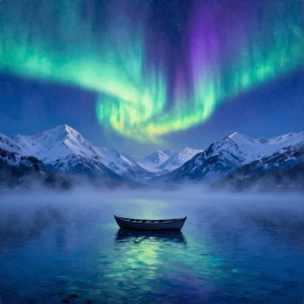 A serene nighttime scene painted in Impressionistic style on canvas, where a solitary boat rests peacefully on calm water reflecting the sky. The background features snow-capped mountains rising majestically against a deep blue twilight, while the aurora borealis blankets the heavens with dynamic waves of luminous green, yellow, and purple light. The brushwork is expressive and fluid, capturing the soft glow of the aurora and the gentle ripples on the water’s surface. The composition is balanced with the boat centered in the foreground, leading the eye upward through the midground mist to the distant peaks. Soft, diffused lighting from the aurora creates a radiant glow that reflects off the water, enhancing the ethereal atmosphere. The palette is dominated by cool blues and teals, with the aurora’s vivid hues providing stark contrast. The snow on the mountains glows white under the light, while the water mirrors the sky’s shimmering dance. The overall feeling is one of tranquil awe and mystical wonder, inviting the viewer to lose themselves in the quiet majesty of a winter night alive with celestial magic.