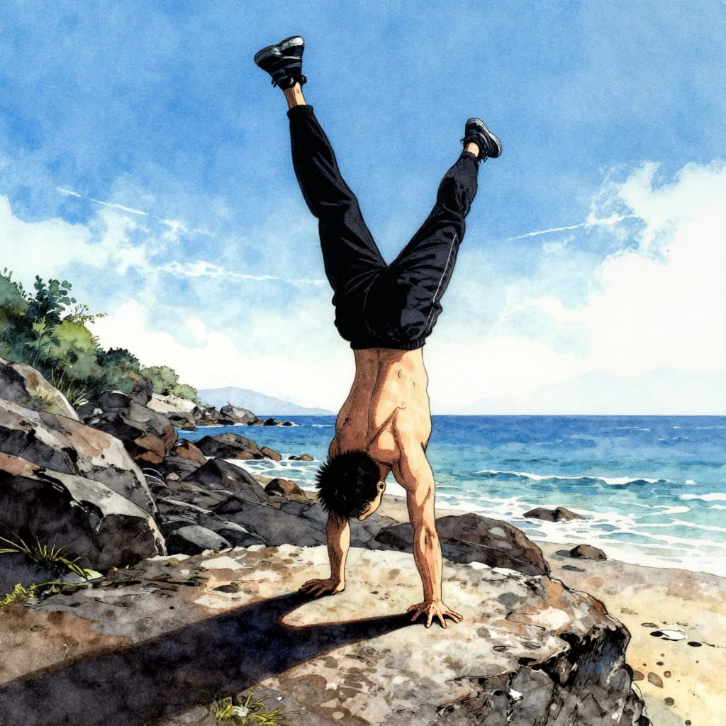 A cyberpunk-style ink-and-watercolor illustration of a man performing a handstand on a rocky beach at sunrise. The figure is shirtless, wearing black athletic pants and sneakers, with a muscular build and a dynamic, exaggerated posture that emphasizes balance and strength. The composition balances the central handstand against the rugged, uneven terrain of the shore on the left and a vast, clear sky with soft clouds on the right. Natural sunlight casts sharp, defined shadows across the rocky surface, creating high contrast and depth. The color palette features vibrant blues from the ocean and sky, deep blacks from the handstand and shadowed rocks, and earthy browns and greens from the sand and foliage. The stylized cyberpunk aesthetic is evident in clean, graphic lines that define form and structure, with subtle watercolor washes adding softness to the sky and water. The overall feeling is bold and adventurous, capturing a moment of athletic triumph in a serene yet dynamic coastal environment.