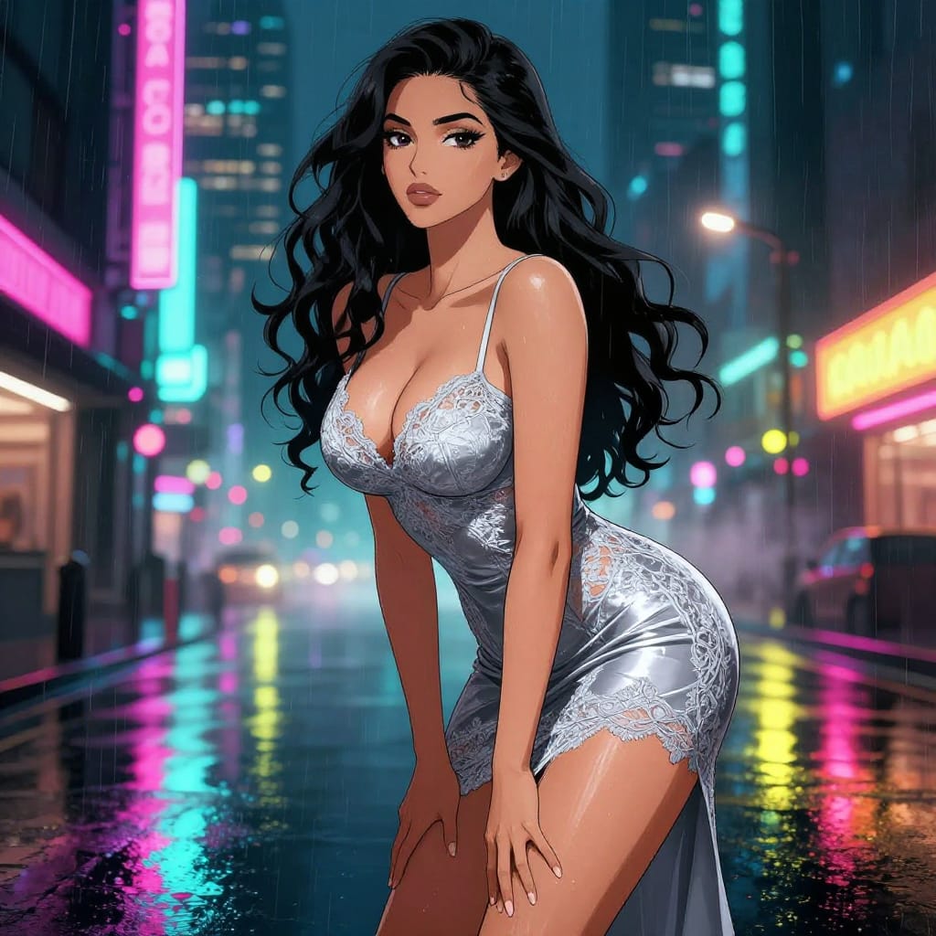 A hyper-detailed anime-style digital illustration depicting a 25-year-old Qatari woman with an athletic fit body: slim waist, sculpted shoulders and toned arms, curvy hips, and a perfectly formed bust with strong cleavage. Her face features soft femininity with defined jawline, high cheekbones, and large expressive eyes framed by long, twist-out hair that cascades in elegant waves. She wears a sleek silver lace cutout tie-up mini dress with backless design and plunging cowl neckline, featuring intricate lace detailing that accentuates her curves. The dress is adorned with extremely high side slits that reveal sideboob and upper thigh, emphasizing her form. She is posed bent over at the waist, hands resting on her ankles, captured in a dynamic pose that conveys confidence and grace. The scene is set on a rainy city street at night, where neon signs glow with vibrant magenta, cyan, and yellow hues, casting long reflections on wet pavement that shimmer like liquid light. The background features dark skyscrapers and flickering streetlights, creating a moody atmosphere enhanced by soft mist rising from the rain. The artwork employs sharp, expressive lines typical of anime style, with delicate shading on her skin and dress to add depth and dimension. The color palette is rich and contrasting: cool silver tones of the dress against warm neon lights, complemented by the deep blues and greens of the wet cityscape. The overall mood is glamorous, intimate, and electrifying, capturing a moment of urban beauty and youthful vitality.