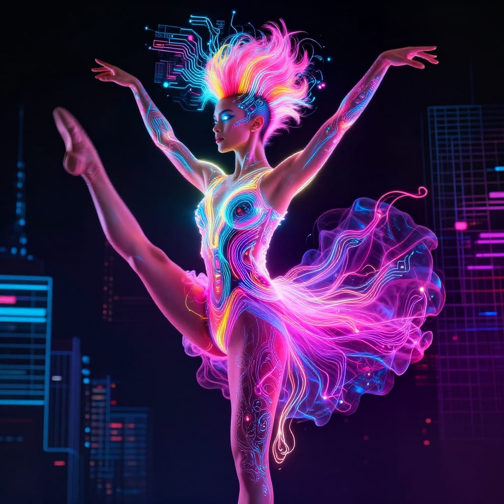 A hyper-detailed digital illustration of a 25-year-old Cuban woman with a vibrant Mohawk and narrow, luminous eyes, executing a graceful ballet arabesque on one leg in a dynamic pose. Rendered in a striking cyberpunk style, the composition merges organic grace with futuristic technology: neon-tinged circuitry weaves through her hair and limbs, holographic projections flicker above her head, and digital grids form the background cityscape. The lighting is high-contrast, with a radiant key light from the front illuminating her face and torso while ambient neon glow casts soft highlights on her skin, hair, and metallic accessories. The color palette features electric pinks, electric blues, and neon yellows against a deep, urban black backdrop. The surface is a high-resolution digital canvas with smooth gradients and crisp linework, capturing the fluid motion of her form and the intricate details of her costume. The overall atmosphere is electrifying and poetic—a fusion of timeless artistry and cutting-edge futurism.