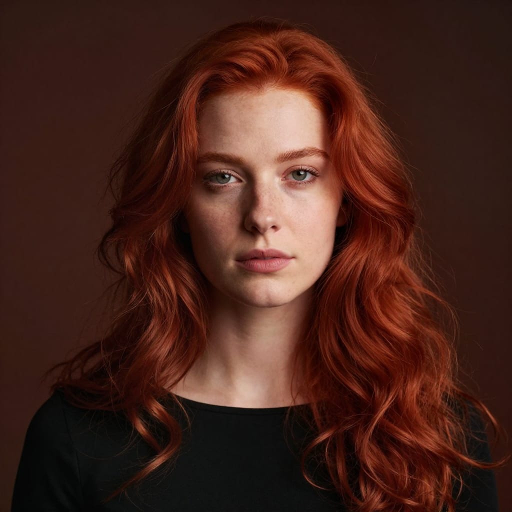A close-up portrait of a person with long, flowing red hair styled in loose waves, captured in a warm-toned studio setting. The subject wears a crisp black top with a visible strap on the left shoulder, its smooth texture contrasting with the rich, voluminous red hair. The background is deep, dark, and uncluttered, drawing immediate focus to the subject's face and hair. Soft, diffused studio lighting from the front creates gentle highlights on the hair and skin, enhancing the natural texture of the strands and the smoothness of the skin. The composition adheres to the rule of thirds, positioning the subject slightly off-center to create a balanced and dynamic visual flow. The image uses a high-quality prime lens for crisp detail, capturing every strand of hair with precision and the subtle imperfections of the face. The atmosphere is calm and serene, evoking a sense of intimacy and quiet elegance. The color palette is dominated by deep reds and earthy tones, with a warm glow that enhances the natural beauty of the subject. The overall feeling is relaxed and intimate, capturing a moment of quiet presence and visual depth.