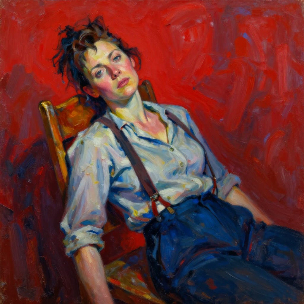 Medium Shot Depicts a 35-year-old Scottish woman with tousled Mohawk hair and striking, expressive eyes framed by soft, natural lashes, leaning backward in a wooden chair with its backrest positioned diagonally before her. Her unbuttoned shirt reveals a relaxed, weathered torso, her suspenders dangling with deliberate motion, and she gazes directly at the camera with a serene yet tired expression, hinting at a long day of labor. The scene is rendered in a dynamic abstract expressionist painting style, characterized by bold, sweeping brushstrokes that convey energy and emotion. Thick, textured strokes of vibrant reds, deep blues, and warm yellows create a sense of movement and intensity, while abstract forms blend seamlessly with organic details. The lighting is dramatic, with high contrast between illuminated skin and shadowed edges, enhancing depth and focus. The composition balances her form against the wooden chair’s grainy texture, which contrasts with the smooth fabric of her suit. The overall atmosphere is emotionally charged—conveying resilience, quiet strength, and the warmth of a hard-won day, all captured in expressive, painterly form.