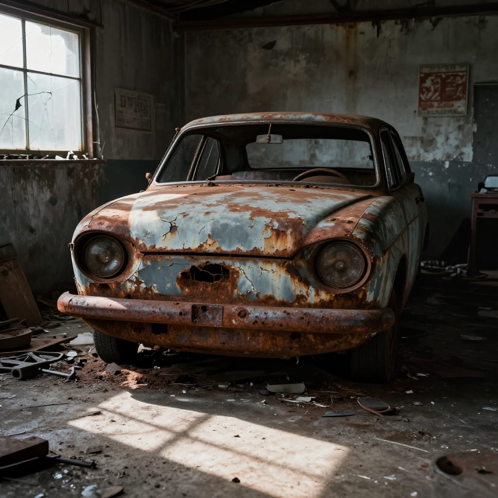 A photorealistic photograph captures a rusted, weathered car in the center of a dilapidated garage. The concrete floor is littered with debris—scattered tools, broken parts, and faded signage—hinting at a once-busy workspace now abandoned. The car’s faded paint peels in patches, revealing layers of rust and grime beneath, while its frame leans slightly from age. Natural light filters through a cracked window on the left, casting sharp shadows that accentuate the textures of the concrete, the car’s rusted bodywork, and the gritty surface of the concrete. The color palette is muted and earthy—grays, browns, and deep rust tones dominate, with faint traces of red from a weathered sign in the background. The image evokes a melancholic nostalgia, capturing the quiet sorrow of a space reclaimed by time and neglect. The photograph’s realism is enhanced by sharp focus on textures—cracked paint, flaking rust, and the gritty surface of the concrete—while the overall atmosphere is heavy with memory and abandonment. The composition draws the viewer’s eye directly to the car, which is the sole source of vivid detail amidst the decay. The lighting creates a dramatic contrast between light and shadow, emphasizing the car’s aged condition and the decay of its surroundings. The image is rendered in high detail with crisp texture and naturalistic depth, capturing every imperfection as a testament to time’s passage.