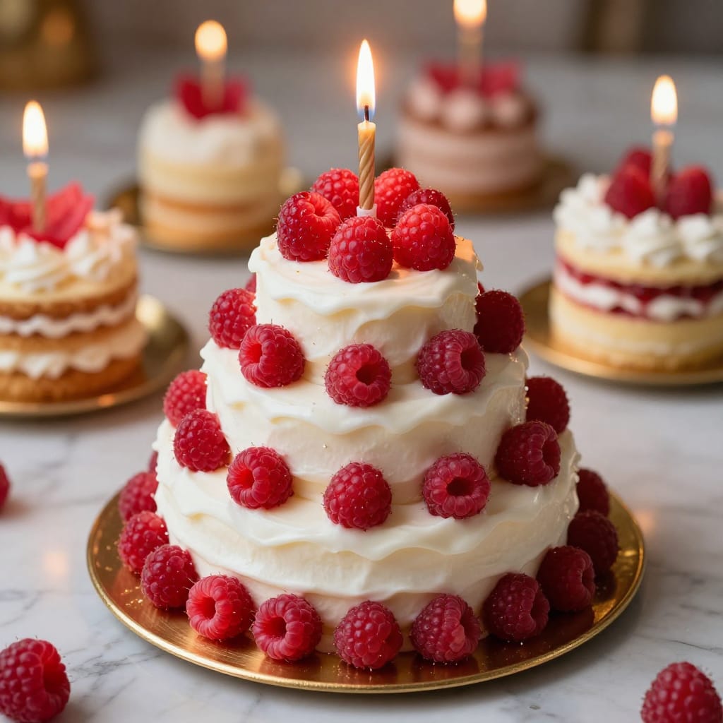 A highly detailed close-up macro shot of a multi-tiered birthday cake, its intricate textures and vibrant details captured with precision. The central cake features a smooth white frosting covering each tier, topped with a single lit candle and fresh raspberries that glisten under soft light. It rests on a polished gold plate set atop a marble-like surface, its rich texture highlighted by subtle gold accents. In the background, smaller, similarly styled cakes—each with a single lit candle and gold plate—are arranged to frame the main subject, creating a layered composition that emphasizes depth and balance. The image follows the rule of thirds, placing the cake slightly off-center to draw immediate focus while the surrounding cakes provide context. Soft, even artificial lighting from above casts a warm glow across the scene, eliminating harsh shadows and enhancing the textures of the frosting, the delicate petals of the raspberries, and the polished surface of the marble. The lens type is macro, allowing for an intimate view of every detail: the fine grain of the marble, the smooth sheen of the white frosting, the subtle sparkle of the candle flame, and the vibrant red of the berries. The color scheme is neutral with rich pops of red and gold, creating a harmonious yet lively palette. The atmosphere is festive and celebratory, evoking joy and warmth through its rich textures, balanced composition, and soft, inviting light. The overall feeling is one of heartfelt happiness and joyful celebration.