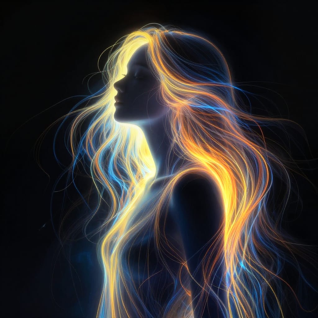 A digital illustration depicting a mysterious, ethereal woman in silhouette, her form defined by glowing neon lines that flow like liquid light around her wavy, flowing hair. The subject is rendered with fine, delicate brushwork that creates a luminous, almost three-dimensional effect, enhancing the sense of depth and movement. The composition centers on her silhouette as the sole focal point, set against a deep black digital canvas that amplifies the contrast between her radiant form and the surrounding darkness. The neon lines, rendered in vivid yellow, orange, and blue hues, act as dynamic light sources, casting soft glows that highlight her contours and imbue her with a sense of otherworldly presence. The flowing lines of her hair and body suggest fluidity and grace, while the upward gaze of her eyes conveys quiet curiosity or contemplation. The overall atmosphere is enigmatic and captivating, evoking a sense of timeless mystery through the interplay of dark shadow and radiant neon light, with every detail contributing to an atmosphere of quiet wonder and hidden depth.