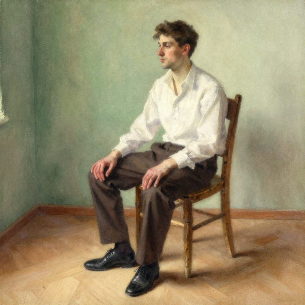 A man seated on a weathered wooden chair, his posture relaxed yet poised, gazes thoughtfully off to the side in a softly lit interior. He wears a crisp white shirt, dark brown trousers, and polished black shoes, his hands resting casually on his knee. The scene is set in a sun-dappled room with a parquet floor and a muted emerald-green wall that frames the composition. Soft, natural lighting creates gentle shadows across his face and shoulders, enhancing depth and warmth. The artwork is an ink-and-watercolor illustration on canvas, rendered with delicate, blended brushstrokes that convey a smooth yet textured surface. The realistic portrayal is imbued with romanticism through its luminous tones and subtle emotional resonance. The composition adheres to the rule of thirds, positioning the man slightly off-center to balance the frame. The color palette—neutral earth tones with a touch of golden light—creates a harmonious, timeless atmosphere of quiet contemplation and elegant stillness.