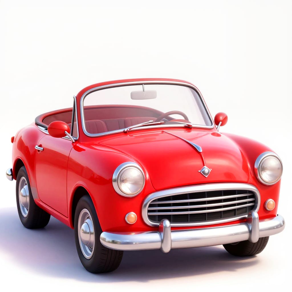 A vibrant red classic car rendered in a detailed digital illustration with exaggerated cartoonish features and expressive details. The artwork is smooth and clean, emphasizing crisp brushwork that avoids texture for a polished look. The composition is centered yet slightly angled to highlight the car’s profile, showcasing its open-top design and retro charm. Even, direct lighting from above casts sharp highlights on the red paint and chrome accents, creating a bright and cheerful atmosphere. The color palette features rich red, crisp white, classic black, and metallic silver, all rendered with high saturation for a lively effect. Notable traits include the open top, retro design elements like the front grille and round headlights, chrome detailing on the bumper and grille, and a clean, timeless aesthetic that evokes nostalgia and playful joy. The overall feeling is joyful and nostalgic, celebrating the enduring appeal of classic automobiles.