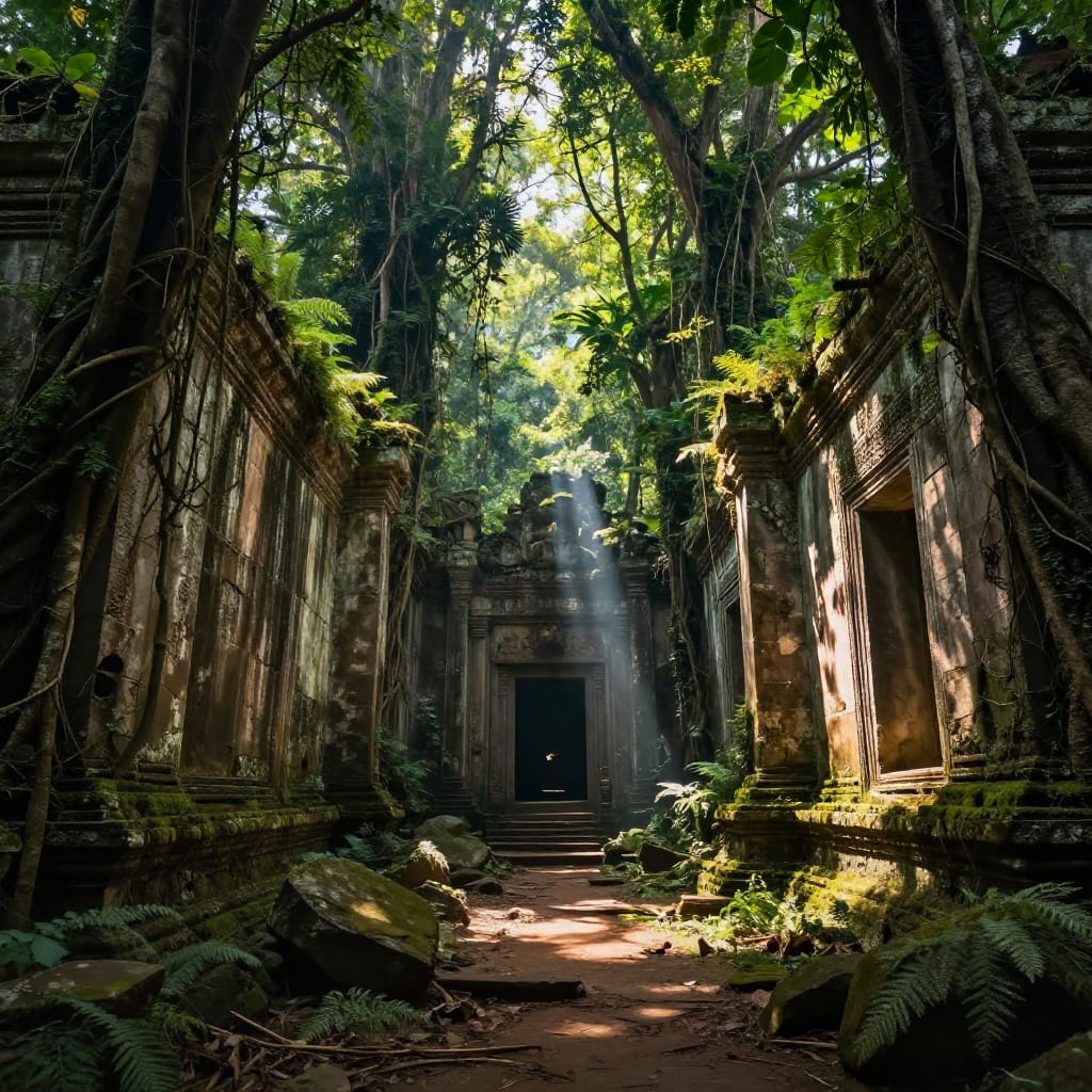 A wide shot captures an ancient, partially overgrown temple nestled within a dense jungle, its weathered architecture—massive columns, arched windows, and cracked masonry—standing as a testament to time. Natural sunlight filters through the canopy in dramatic beams that pierce the foliage, casting long interwoven shadows across stone columns and ivy-covered walls. Vines spiral around the pillars, entwining with moss and ferns, while scattered rocks and debris lie on the forest floor, emphasizing the site’s abandonment. A narrow path winds through the ruins, leading deeper into the jungle where towering trees and vibrant green foliage extend to the horizon. The composition follows the rule of thirds, with sunlight beams serving as natural guides that draw the eye through the scene. The atmosphere is one of serene mystery, underscored by a calm yet enigmatic mood. The color palette is neutral, with warm golden tones from the sunlight contrasting against deep emerald greens of foliage and rich browns of stone. The lens captures a balanced perspective, allowing the viewer to appreciate both the grandeur of the temple and the vast, living jungle that surrounds it.