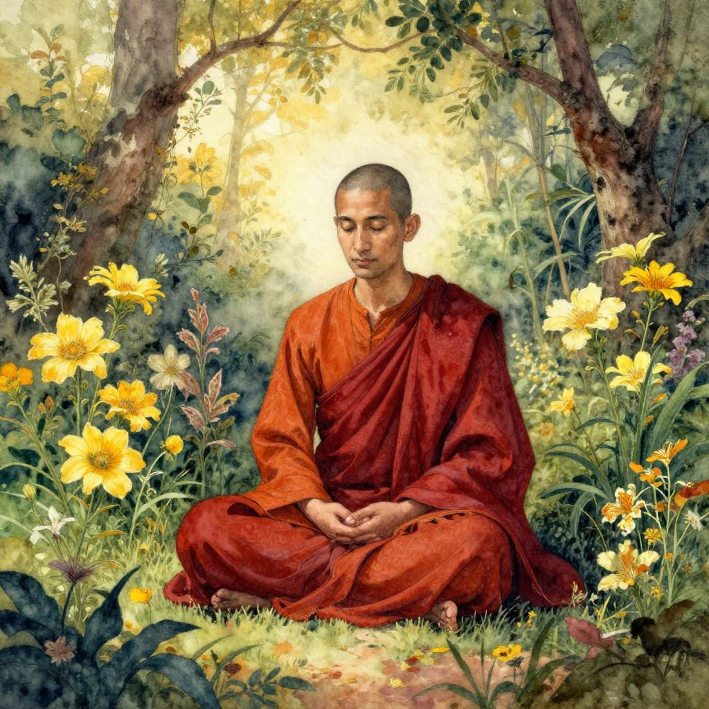 An ink-and-watercolor illustration of a monk in traditional red and saffron robes, seated in a lotus position on the ground amidst a vibrant garden. The scene unfolds on textured paper with visible grain and paper texture that adds depth and tactile realism. The artistic style blends realism with romanticism, emphasizing delicate precision in brushwork that captures every detail: the subtle texture of the robe's fabric, the soft edges of petals, and the intricate patterns of leaves. Composition follows the rule of thirds, placing the monk slightly off-center in the midground, while layered garden elements recede into the background, creating depth through overlapping forms. Natural, soft lighting from a high angle bathes the scene in gentle warmth, casting subtle shadows that enhance the serene atmosphere and highlight the contrast between light and dark. The color palette features rich earthy tones: deep crimson robes contrast with vibrant yellow blooms and emerald leaves, while golden highlights emerge in the sunlight filtering through the canopy. The overall feeling is one of tranquil harmony, peace, and deep connection to the world around—where spirituality meets nature in quiet intimacy, evoking a sense of timeless stillness and reverence for life.