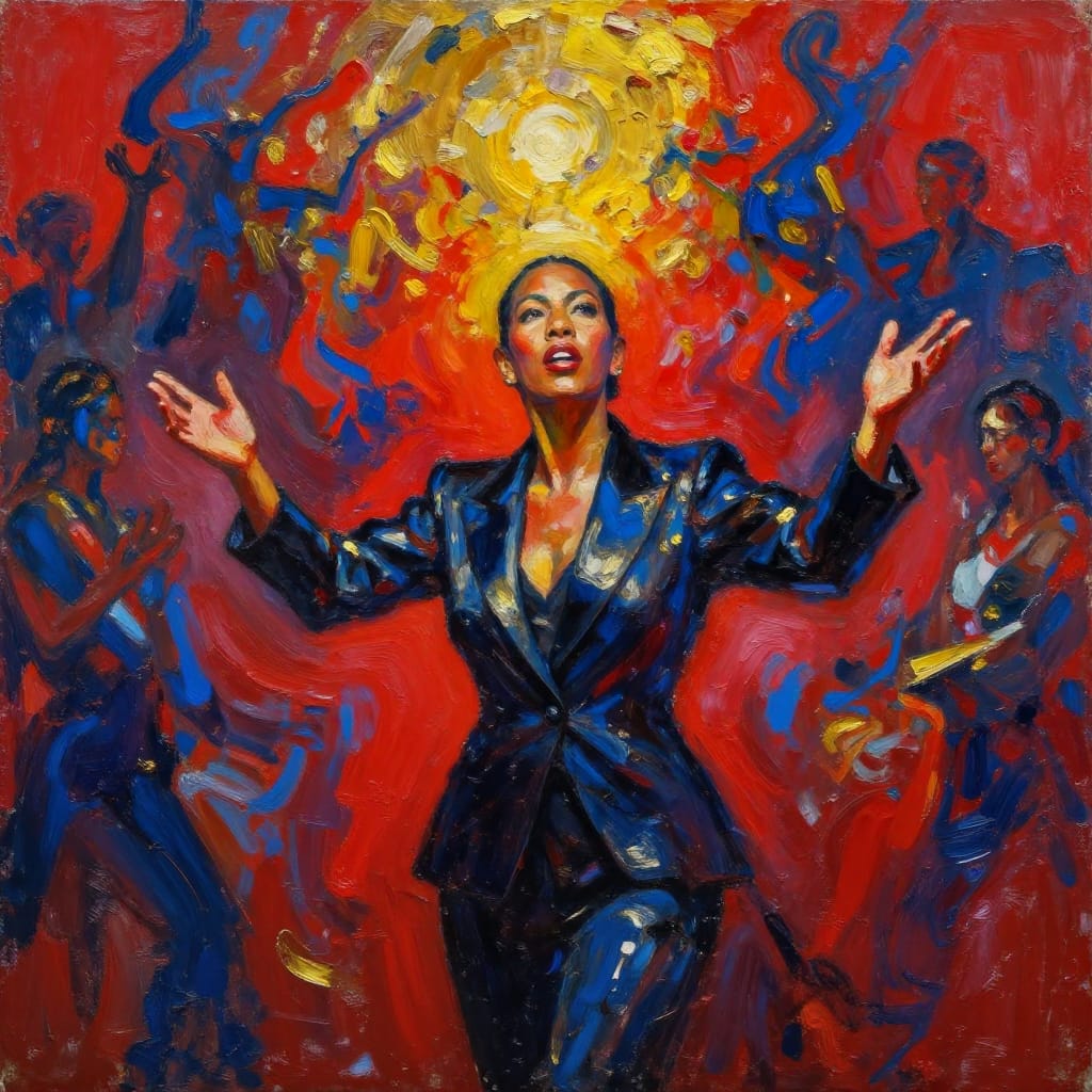 A medium shot abstract expressionist painting captures a 45-year-old Micronesian woman with a crew cut and narrow eyes, her face alive with passion as she gestures with her hands, leading an orchestra of expressive forms in a conductor’s tuxedo. The canvas is large and textured, with thick impasto brushstrokes creating dynamic planes of energy. Bold, vibrant colors dominate—deep crimson reds, luminous cobalt blues, and radiant golds—colliding in abstract forms that convey movement and emotion. The composition is layered: the woman occupies the midground, her tuxedo rendered in rich texture with subtle metallic sheen, while the orchestra behind her dissolves into swirling abstract shapes and glowing orbs of color. Warm, directional light from above highlights her face and the polished surface of the tuxedo, enhancing the emotional intensity. The overall atmosphere is one of vibrant passion, cultural pride, and artistic fervor, where color and form merge to express both individual spirit and collective energy.