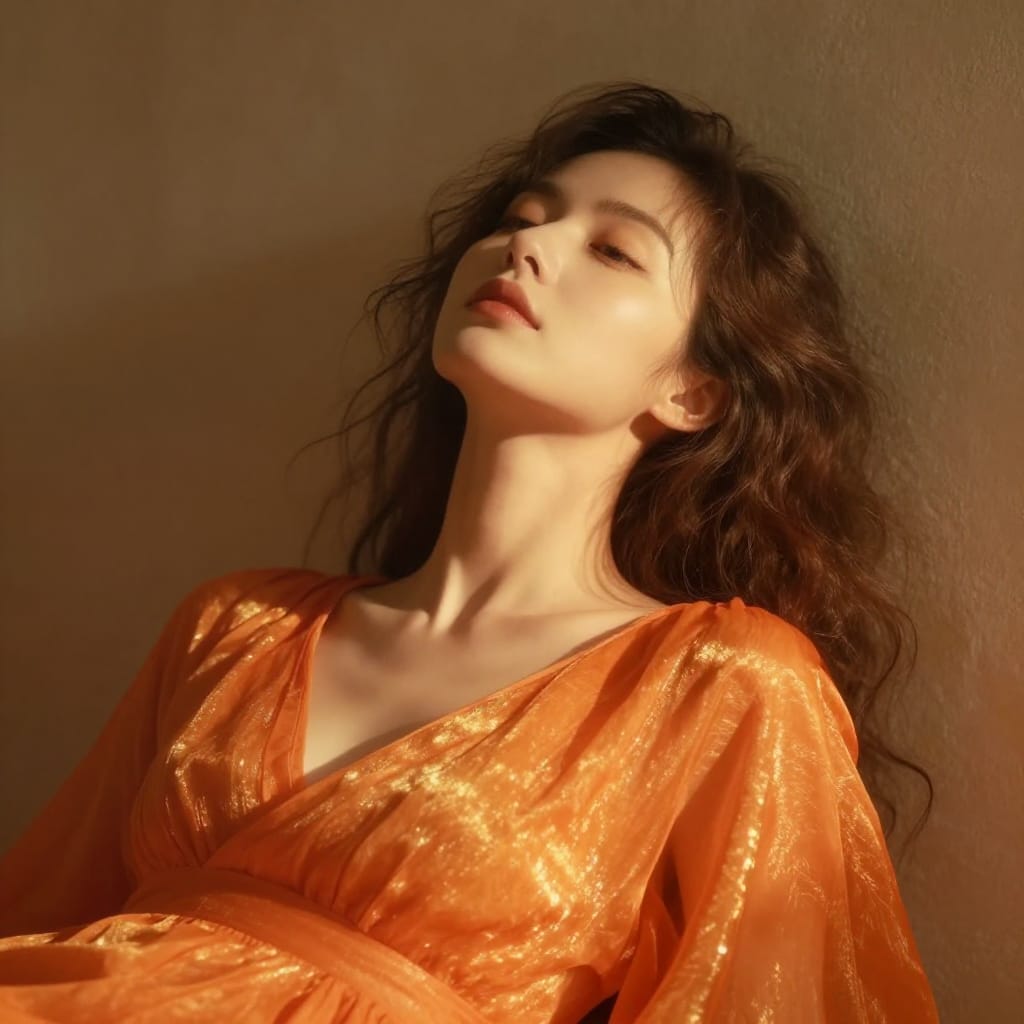 A close-up portrait of a woman reclining with her head tilted back, captured in a warm, golden light that suggests early morning or late afternoon. The subject is centered in the frame, her elegant orange dress—shimmering with a delicate iridescent texture—drapes over her shoulders. Her loose, tousled hair frames her face, adding a sense of natural grace and quiet elegance. The background is a soft, textured wall in warm earthy tones, slightly out of focus to draw attention to her form. The lighting is soft and diffused, creating gentle highlights on her skin and dress that enhance their luminous quality. The composition adheres to the rule of thirds, with her head positioned at the intersection point that draws the eye inward. The lens appears to be a high-quality normal or slightly wide-angle, capturing fine details in her expression and the subtle sheen of her attire. The scene is still, evoking a sense of serene contemplation and quiet luxury. The overall atmosphere is warm, intimate, and dreamy, with the golden light casting a soft glow that enhances the tranquil mood. The color palette is rich with dominant orange tones in the dress and soft golden highlights that create a harmonious, luxurious contrast against the earthy background wall.