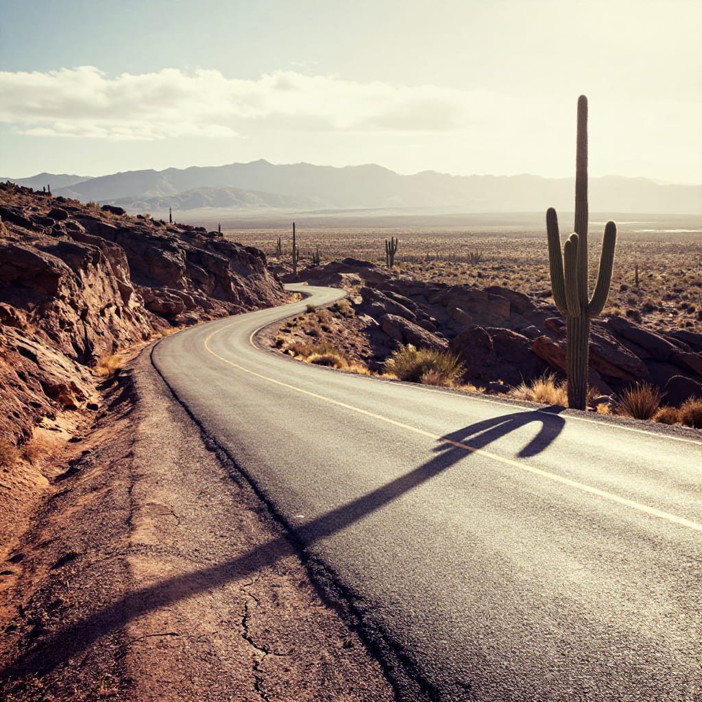 A wide-angle wide shot captures a rugged desert highway curving through a vast arid landscape under a bright midday sun, its sharp shadows and high contrast emphasizing the vastness of the terrain. The road, marked by distinct yellow dashed lines, winds along the edge of steep, weathered rock cliffs that rise sharply into the distant horizon. Scattered along the asphalt are clusters of resilient cacti, with one large, spiky saguaro standing prominently on the right foreground, its form silhouetted against the bright sky. Beyond the road, a series of distant mountain ranges stretch across the horizon under a partly cloudy sky, their silhouettes softened by atmospheric haze. The vintage filter applies a warm, slightly faded glow, enhancing the timeless quality of the scene with subtle grain and muted saturation that evokes nostalgia and enduring beauty. The composition follows the rule of thirds, placing the road along the lower third and the mountains in the upper third, creating a balanced, immersive view. The lens type is a wide-angle, capturing expansive depth with minimal distortion. Natural lighting from direct sunlight casts long, sharp shadows that highlight the textures of cracked earth, dusty sand, and the rough stone of the cliffs. The atmosphere is tranquil and adventurous, conveying a sense of solitude and quiet exploration. The overall feeling is peaceful yet full of promise, as if standing at the threshold of a journey through time and space.