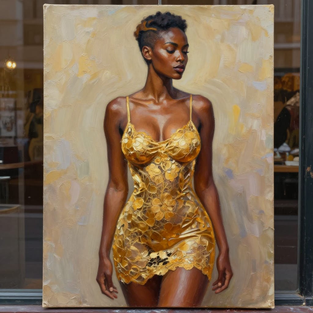 An oil painting on aged paper depicting a 25-year-old Cape Verdean woman with a slender waist, toned arms and shoulders, and curvaceous hips, her large bust framed by a plunging cowl neckline that reveals sideboob and upper thigh. Her side part comb-over hairstyle with high fade is accented by soft highlights under warm indoor lighting. She wears a backless gold flower mesh mini dress with intricate lace detailing and sheer transparency, its vibrant gold tones catching the light. The composition is centered within a storefront window display, with the background blurred into soft bokeh to emphasize her figure. The oil paint exhibits thick, expressive brushstrokes on the textured paper, creating a tactile surface with visible impasto highlights and muted shadows. The lighting is warm and diffused, casting gentle glow across her skin and dress, enhancing the intimate, celebratory mood of strength and elegance.