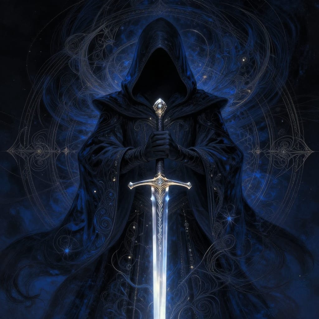 A digital illustration of a hooded figure holding a sword, rendered with intricate swirling patterns and symbolic motifs that fill the space around the central composition. The figure is centered, its hooded form cloaked in shadow, with hands clasped tightly around the hilt of a sword adorned with detailed, ornate engravings. The sword itself glows faintly under ambient light, its surface catching subtle highlights that emphasize its metallic sheen. Surrounding the figure and weapon are dynamic, interlocking symbols of light and shadow, with delicate filigree lines that create a sense of movement and depth. The background is a deep, velvety black, punctuated by soft gradients of dark blue and indigo that blend seamlessly into the foreground elements. The artistic style blends surrealism with fantasy, where the symbols appear both ancient and otherworldly. The brushwork is highly detailed, with fine lines and textures that lend the artwork a tactile quality, especially in the metallic sheen of the sword and the flowing patterns. The composition balances symmetry and organic movement, drawing the eye through the figure to the sword and then outward into the symbols. Lighting is soft and diffused, creating subtle highlights on the hood and blade that contrast with deep shadows, enhancing the three-dimensional quality of the figure and weapon. The color palette is rich and contrasted: dark blues and blacks form the foundation, while gold and silver accents stand out like glowing embers, adding luminosity and depth. Notable traits include the intricate symbolic motifs, the precise positioning of the figure and sword, and the overall atmosphere of enigmatic power and mystical presence. The overall feeling evokes awe and intrigue, as if the viewer is witnessing a moment of ancient power suspended between myth and reality.