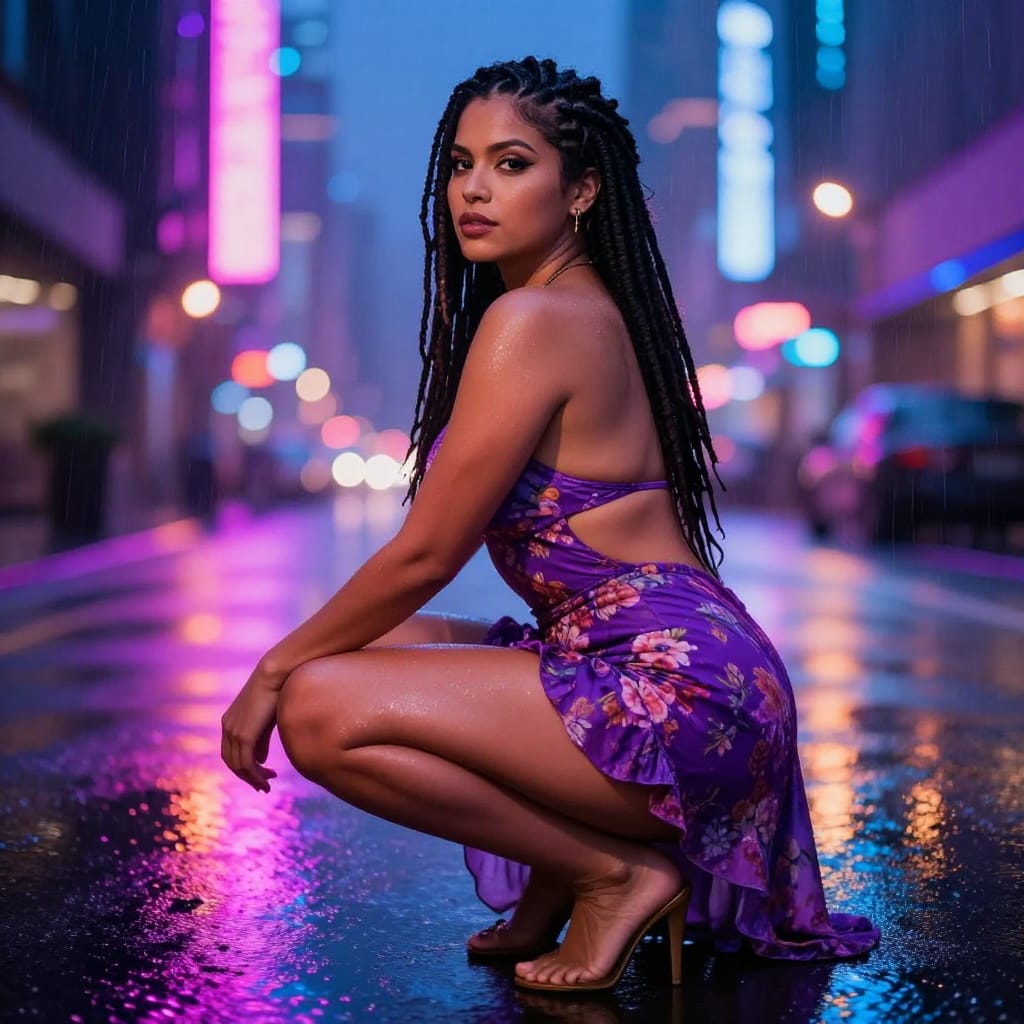 A hyperrealistic digital art scene captures a 45-year-old Salvadoran woman in a deep squat crouch, her athletic fit body sculpted with a slim waist, toned arms/shoulders, and curvy hips. Her soft feminine face features defined jawlines, high cheekbones, and large expressive eyes that catch the neon light. She wears a vibrant purple floral bubble mini dress with backless design, plunging cowl neckline, and extremely high side slits revealing sideboob and upper thigh. Long faux locs frame her face as she poses in a deep crouch, hips back, knees bent. The setting is a rainy city street at night, with wet pavement reflecting neon lights from distant buildings, creating a glowing mosaic of purple, pink, and blue hues across the scene. The camera is positioned slightly above her at a low angle, emphasizing her silhouette against the luminous sky. The lens is wide to capture the urban backdrop while maintaining sharp focus on her form. Ambient city lights create a warm glow, contrasting with cool neon reflections that ripple across the water. Motion is implied by the steady rain and subtle light flicker. The atmosphere is intimate and sensual, evoking quiet confidence and warmth under the city’s glowing night. The hyperrealistic style renders every detail with lifelike precision, from the sheen on her skin to the texture of her dress and the depth of her expression.