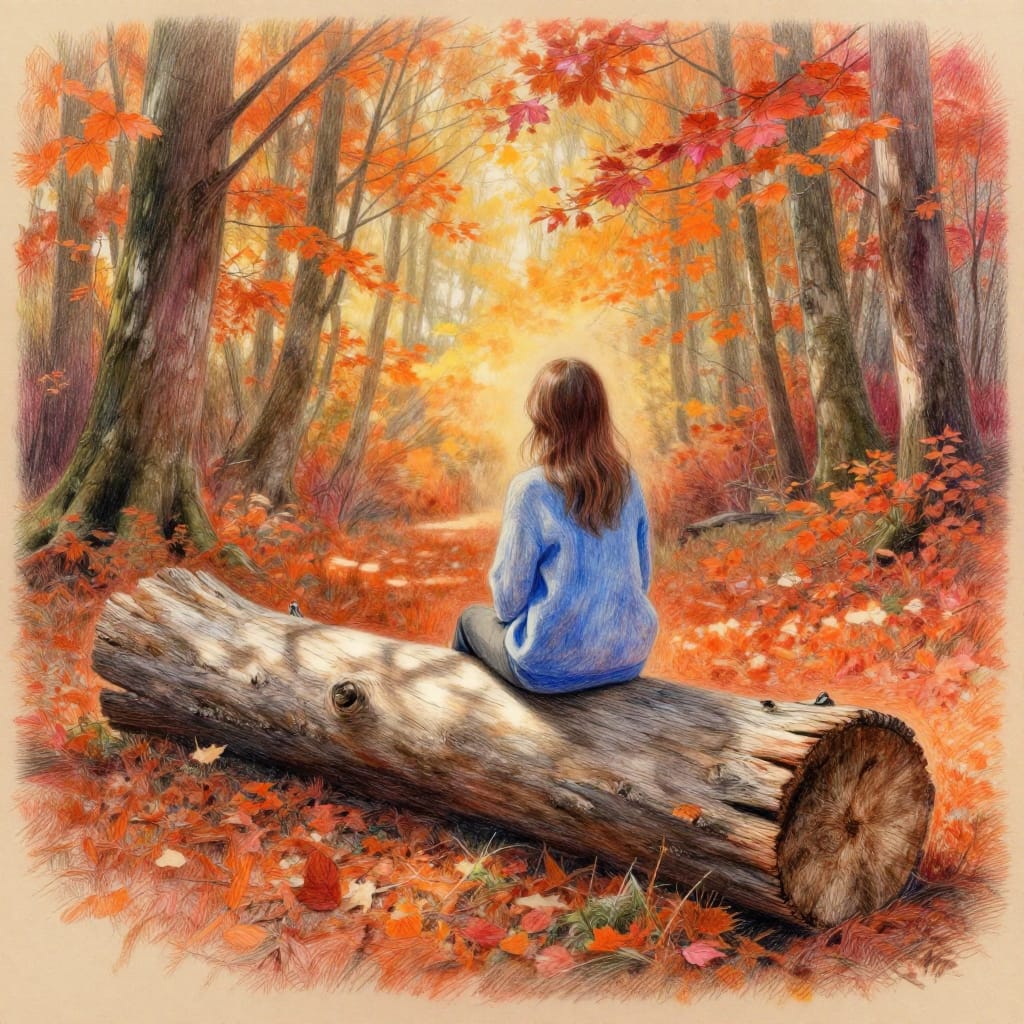 A serene forest scene rendered in **colored pencils** on **smooth, aged paper**, capturing a person seated on a weathered fallen log during autumn. The **artistic style** is **realistic** with **softness** in tonal transitions, emphasizing **gentle brushwork** and **layered depth** through delicate pencil strokes. The **composition** centers the figure in the foreground, with the log as a **textured focal point** leading the eye through the **background** of dense, layered trees. The **lighting** is **soft and diffused**, casting **warm golden tones** that filter through the canopy, creating **dappled shadows** on the forest floor. The **color palette** is **rich and warm**, dominated by **deep orange**, **burnt yellow**, and **crimson red** leaves, with **muted pink** and **cool blue** tones in the subject’s attire adding a **serene contrast**. The **notable traits** include **precise detail** in **leaf texture**, **smooth gradients** of light and shadow on the log, and **subtle atmospheric haze** enhancing depth. The **overall feeling** evokes **calmness and introspection**, inviting the viewer to linger in the **quiet beauty** of a moment shared with nature.
