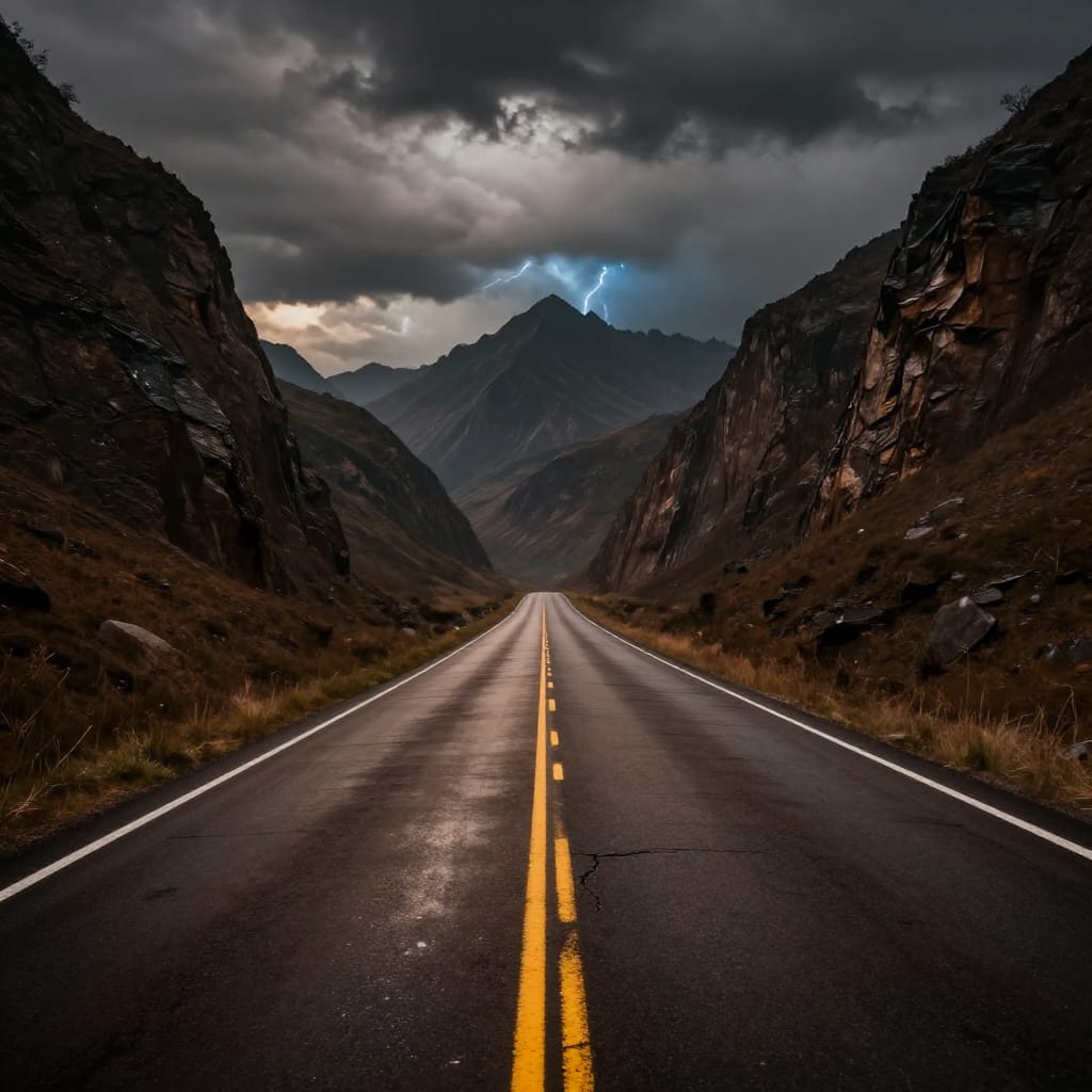 A long, straight road stretches into infinite distance, its surface marked by a precise double yellow line down the center and crisp white lane markers along the edges. The road is flanked by towering, rugged cliffs on both sides, their jagged surfaces rendered with hyper-realistic texture and subtle weathering. The background reveals a vast mountain range silhouetted against a stormy, charcoal-gray sky heavy with low-hanging clouds that crackle with faint electrical energy. The lighting is dim and moody, originating from the horizon where soft, diffused light catches the road’s edges and casts long, shadowed silhouettes on the cliffs. The color palette is dominated by deep, earthy browns and grays, punctuated by the bright yellow lines and a hint of cool blue in the storm clouds. The composition is perfectly symmetrical, with the road as a central axis that draws the eye toward the horizon. The photorealistic style captures every detail—cracks in the asphalt, dew on the grass, and the subtle sheen of rain on the road—with flawless clarity. The atmosphere is both mysterious and foreboding, evoking a sense of quiet anticipation and distant peril, all wrapped in an ominous stillness that lingers in the air.