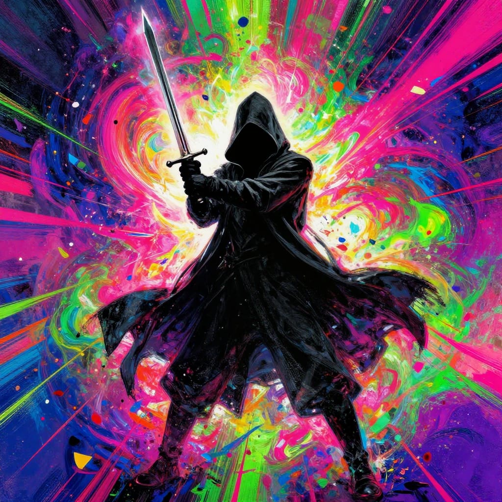 A hooded figure, partially obscured by a dark cloak, grips a longsword pointed upward in a dynamic pose, standing at the center of a vibrant, abstract background. Rendered in a bold Pop Art or Psychedelian Art style, the scene features a monochrome silhouette of the figure against a kaleidoscope explosion of exploding pinks, greens, and purples scattered like confetti across the canvas. The background is a swirling field of radiant, radiating lines and splattered color fields that pulse with energy, creating a sense of movement and intensity. Dramatic, directional lighting focuses the sword’s blade and the figure’s face to draw immediate attention. The brushwork is expressive, with thick impasto strokes and splatters that add texture and depth, while the composition balances symmetry and chaos, emphasizing the central subject amidst a swirling, surreal landscape. The overall atmosphere is mysterious, powerful, and electrifying—evoking themes of spiritual strength, cosmic energy, and timeless heroism. The art medium is a high-resolution digital illustration with a textured canvas surface, enhanced by vivid color saturation and graphic design elements. The final image captures a moment of heroic intensity in a vibrant, chaotic world.