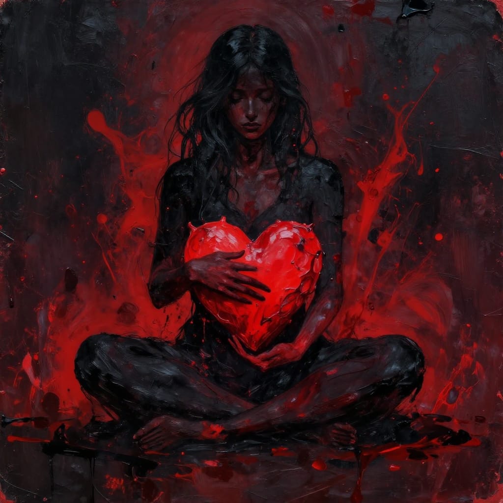 An introspective and emotionally charged mixed media artwork depicting a seated female figure in cross-legged pose, her hand gently resting on a vivid heart-shaped object. The scene is set against a dark, muted backdrop where splashes of deep red paint cascade across the surface, creating a dynamic, chaotic texture that evokes passion, turmoil, and emotional intensity. The figure, rendered in precise black outlines with subtle shading, conveys vulnerability and quiet resolve, her expression calm yet charged. The heart, a central focal point, is rendered with organic, irregular edges that suggest imperfection and raw emotion. The surface appears to be printed on smooth paper or a high-resolution digital canvas, allowing for fine details in the splatter patterns and the texture of the figure’s clothing. The artistic style is grungy and raw, characterized by thick, expressive brushstrokes and a deliberate use of black and red to create visual contrast and emotional depth. The composition centers the figure and heart, with the red splatters filling the negative space around them, drawing the eye inward. Lighting is even and flat, eliminating shadows to emphasize the monochromatic tones of black and red. The color palette is limited to deep black and intense red, symbolizing darkness and fiery emotion. The overall feeling is one of raw emotional intensity, quiet introspection, and a powerful sense of vulnerability intertwined with passion.