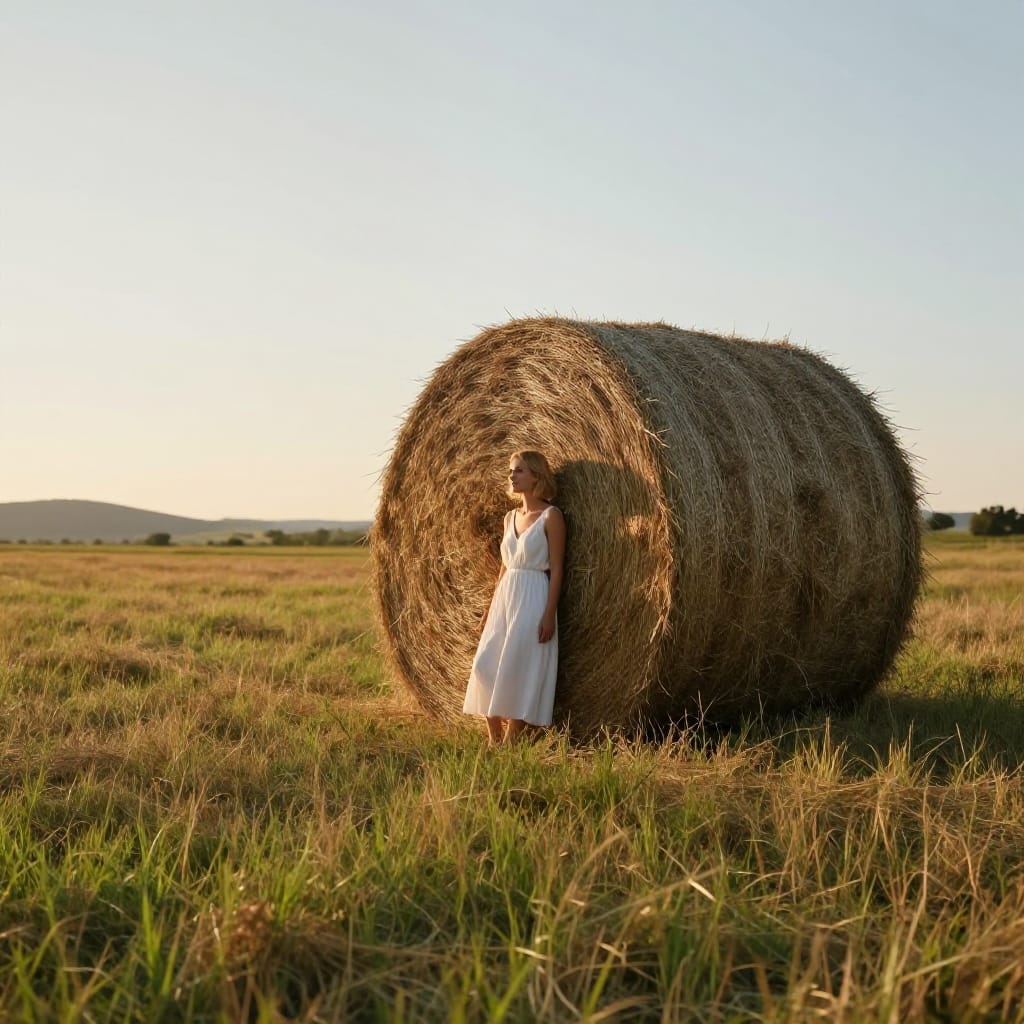 A woman standing next to a large hay bale in a sunlit field, captured mid-shot with a standard lens that emphasizes natural depth and perspective. The scene follows the rule of thirds, placing the woman on the lower-left intersection and the hay bale on the upper-right, creating balanced composition with deliberate symmetry. The setting sun casts a warm, golden glow across the expansive grassy foreground and over the horizon, where low hills or mountains stretch into a clear sky. The woman, in her late 20s or early 30s, has short blonde hair and wears a flowing white dress, her calm expression serene as she stands relaxed in the sunlight. The hay bale, large and cylindrical, dominates the midground with a textured brown surface resembling hay, its exaggerated size creating a whimsical contrast to the woman’s small frame. The field features short, dry grasses in the foreground that fade into soft-focus midground, while the background reveals a tranquil sky and distant landscape. The lighting is natural and warm, enhancing the serene atmosphere with gentle shadows and highlights. The color palette is neutral and earthy, dominated by browns (hay bale), greens (grass), and the soft golden light of late afternoon. The overall feeling is one of peaceful relaxation and idyllic rural beauty, evoking a sense of calm wonder in a quiet, sun-drenched moment.