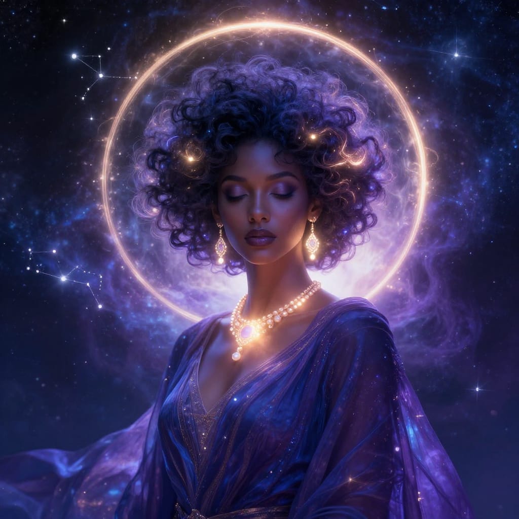 A digital art portrait of a woman with an intricate afro hairstyle, its textured curls glowing with soft luminescence and adorned with a radiant, circular halo of ethereal light. She wears an ornate necklace and delicate pearl earrings, their surfaces catching the cosmic glow, while a flowing draped garment drapes gracefully around her form. The subject is centered in the frame, her face illuminated by a warm, otherworldly radiance that contrasts with the cool, deep blues and purples of her skin and hair. Behind her, a vast cosmic background unfolds—infinitely star-strewn with luminous constellations, a radiant circular frame glowing like a celestial portal, and soft nebulae swirling in the midground. The lighting is dramatic and mystical, with a strong focus on the halo’s radiant core and the subject’s face, casting subtle shadows that enhance depth and dimensionality. The brushwork is highly detailed, emphasizing the individual strands of the afro, the texture of the fabric, and the delicate sparkle of the jewelry. The color palette blends cool tones of deep indigo and violet with warm highlights from the halo and the subject’s attire, creating a harmonious yet vivid contrast. The overall atmosphere is one of enchantment and transcendence—mystical, ethereal, and filled with a sense of cosmic wonder.
