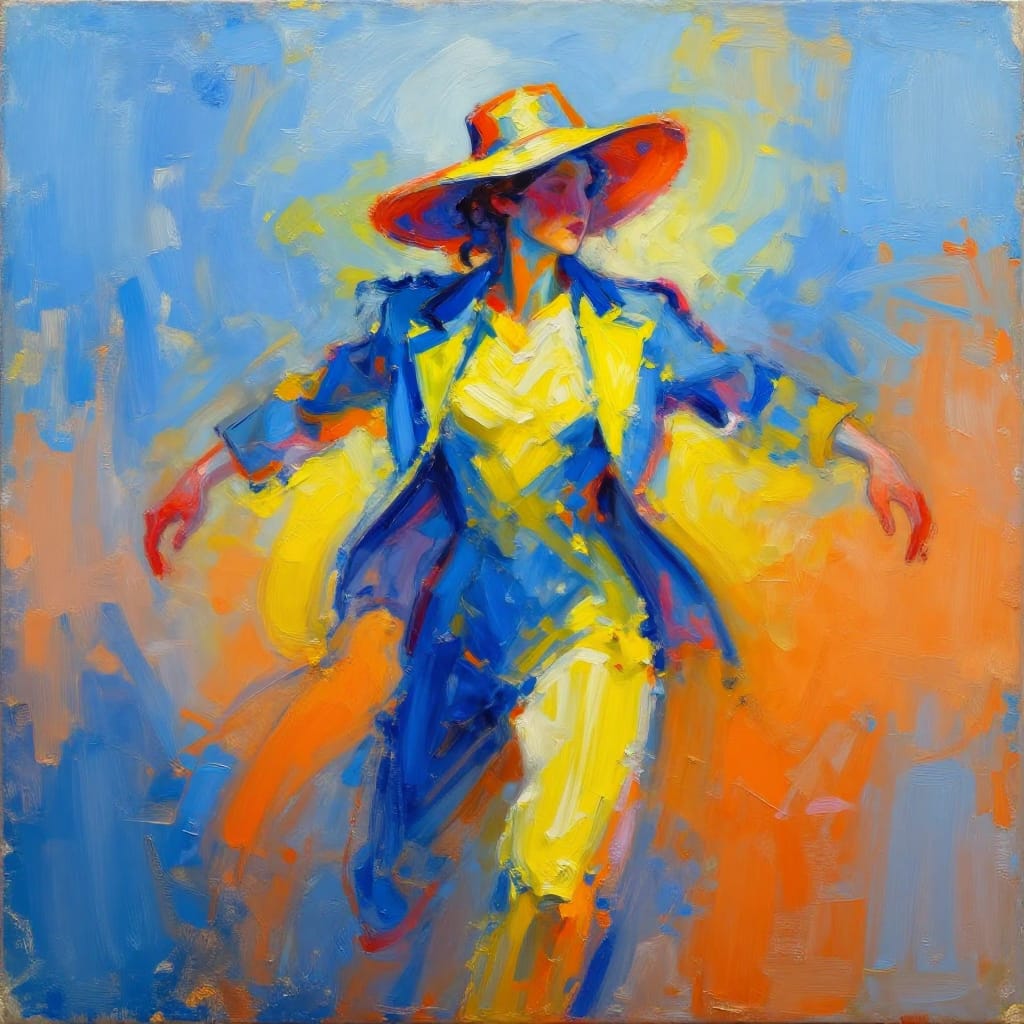 An abstract expressionist oil painting on canvas captures a vibrant human figure in dynamic motion, rendered through bold, fragmented brushstrokes that create a textured and energetic surface. The subject wears a large, colorful hat and a jacket divided into striking sections of blue and yellow, its form exaggerated to emphasize movement and expression. The figure is centered in the composition, its posture suggesting dance or forward momentum, while the background unfolds as a gradient of cool blue and warm orange hues that deepen the sense of space and energy. Evenly distributed light from above enhances the vibrancy of the colors, casting soft highlights across the figure’s form and creating a luminous interplay between shadow and radiance. The palette is dominated by cool blues in the background and warm yellows and oranges in the figure’s attire, producing a strong contrast that amplifies visual impact. The fragmented brushwork adds texture and spontaneity, while the composition balances the figure’s boldness with the fluidity of the gradient. The overall feeling is one of movement, energy, and exuberant expression, celebrating life through color and form.