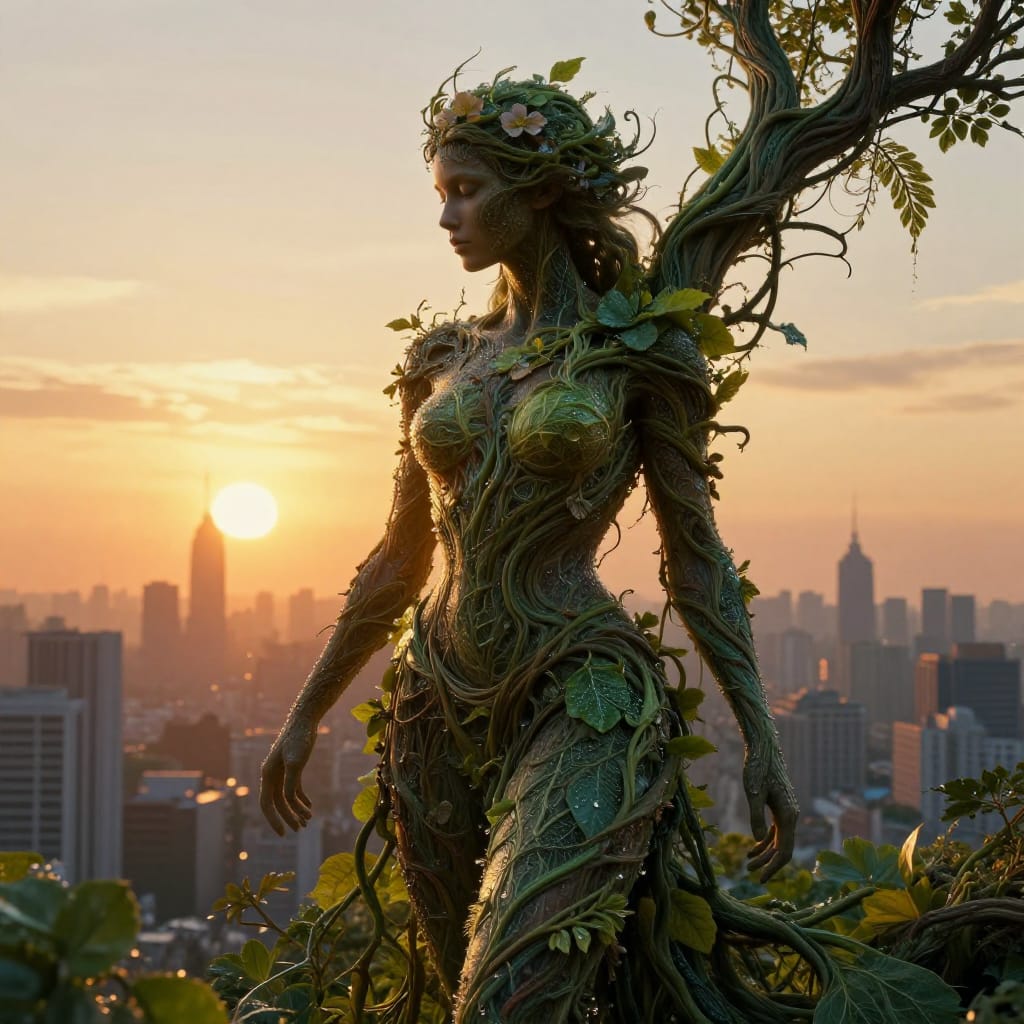 A highly detailed digital artwork depicting a human figure entwined with intricate vines and foliage, seamlessly integrated into the form as if nature itself has grown from the body. The figure stands centrally in a sunlit landscape, framed by a sprawling city skyline at sunset, where warm golden light bathes the scene in soft radiance. The composition balances organic fluidity with urban structure, drawing the eye through layered textures: delicate leaf veins, dew-kissed petals, and the rough bark of tree trunks merging with human skin. The fantasy realism style renders every detail with lifelike precision—each vine’s curvature, each leaf’s edge, and the subtle sheen of sunlight on wet foliage. The lighting is soft and golden, casting long shadows that define form while enhancing the interplay between natural warmth and urban coolness. The color palette combines rich oranges and yellows from the sunset with deep greens, browns, and muted blues of the city, creating a harmonious fusion of organic and architectural beauty. The overall atmosphere is serene and contemplative, evoking a moment of quiet reflection where nature and civilization coexist in peaceful balance.