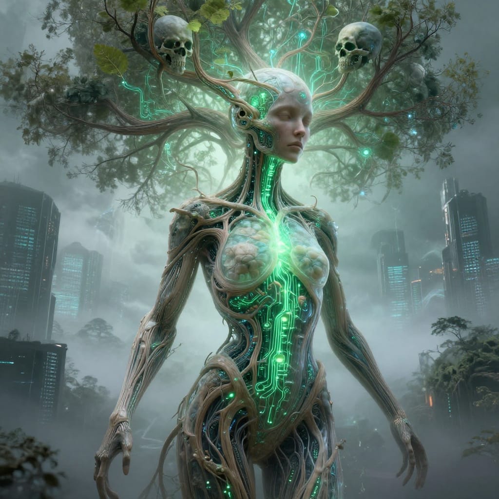 A human figure seamlessly fused with organic and technological elements, rendered in futuristic realism through digital art on a digital canvas. The figure’s body is exposed, revealing intricate internal anatomy—veins pulsing like circuitry, organs suspended in luminous light—while intertwining with a tree-like structure of crystalline wood and metallic veins. Skulls are embedded within the roots, their interiors glowing with pulsating green circuitry that emits a soft, ethereal light. The background unfolds into a misty futuristic landscape: distant buildings rise through fog, their surfaces reflecting faint digital patterns, while streams of light weave between trees and sky. The composition places the figure in the foreground, dynamically intersecting with upward-reaching branches and glowing nodes. Lighting is soft yet precise, with a gentle glow emanating from the circuitry and tree-like structure, casting subtle shadows that enhance depth. The color palette features muted greens, cool blues, and earthy grays, punctuated by vivid green highlights that contrast the organic tones. The use of digital brushwork creates a seamless fusion of texture and form, with fine details capturing every vein, circuit, and leaf. The overall feeling is one of mystical wonder and futuristic beauty, where the boundary between life and technology dissolves into a harmonious, otherworldly vision.