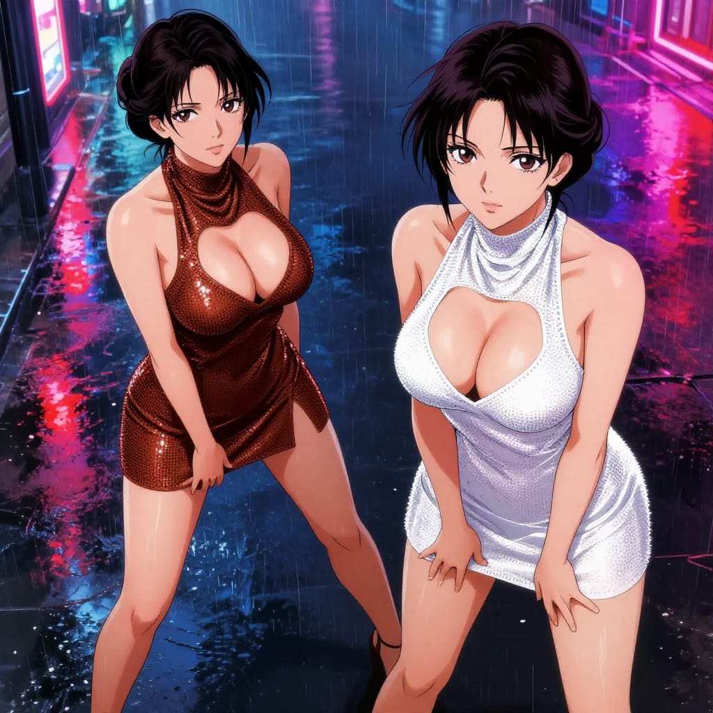 High Angle Anime Style Illustration Depicts Two 25-Year-old Japanese Women with Athletic Fit Bodies: Slim Waist, Toned Arms/Shoulders, Curvy Hips. Soft Feminine Faces with Defined Jawlines and High Cheekbones. Very Large Bust (Full Chest, Strong Cleavage), Realistic Weight and Shape. Medium Twisted Updo (Medium) Hair with Prominent Eyes. One Wears a Brown Rhinestone Mesh Mini Dress (Backless, Plunging Cowl Neckline, Extremely High Side Slits, Minimal Coverage Revealing Sideboob and Upper Thigh). The Other Wears a White Rhinestone Mesh Mini Dress (Backless, Plunging Cowl Neckline, Extremely High Side Slits, Minimal Coverage Revealing Sideboob and Upper Thigh). One Standing with Legs Spread Wide Apart, Other Bent Over at Waist, Hands on Knees. Location: Rainy City Street at Night with Neon Lights Reflecting on Wet Pavement. Digital Illustration Medium: Smooth, high-resolution canvas with crisp outlines and vibrant color saturation. Lighting: Intense neon glow from streetlights casting sharp highlights on wet pavement and fabric. Color Palette: Rich brown rhinestone mesh contrasted with bright white, accented by neon reds, blues, and purples. Composition: Dynamic high angle emphasizing verticality and scale. Artistic Feel: Energetic, glamorous, and cinematic, blending anime precision with urban fantasy lighting.