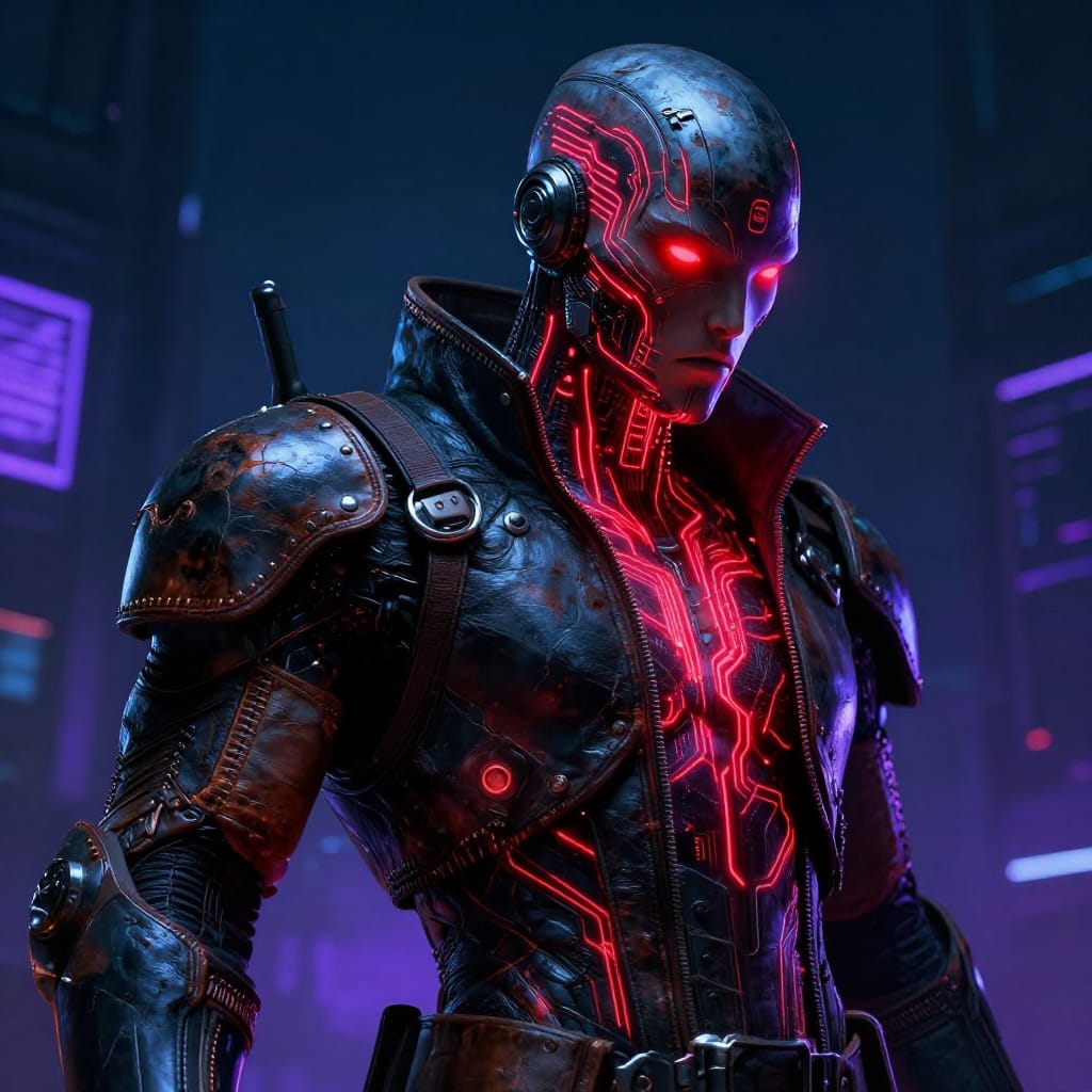 A hyper-detailed cyberpunk digital art figure clad in a battle-worn high-tech armor composed of weathered leather and rugged metal, with visible stitching, rivets, and scorch marks across its surface. The subject’s face is illuminated by pulsing glowing red circuit-like lines that trace neural pathways and cybernetic enhancements, creating a dynamic interplay of organic texture and synthetic precision. The lighting is dramatic and high-contrast, casting sharp shadows that emphasize the armor’s rugged texture and the luminous red lines’ radiant energy against deep charcoal tones. The background is minimal and industrial, featuring faint neon signs glowing in soft purple and blue hues, alongside distant city silhouettes that blend into a dark, smoky sky. The artistic style combines hyper-detailed digital illustration with expressive brushwork, capturing every fold of leather, crack in metal, and subtle sheen on the skin with meticulous clarity. The color palette is dark and moody, dominated by deep blues, blacks, and grays, punctuated by the vibrant red lines that create a sense of urgency and technological dominance. The overall atmosphere is intense, mysterious, and futuristic, evoking a sense of a battle-hardened hero standing at the crossroads of humanity and machine, where flesh meets circuit and legend lives.
