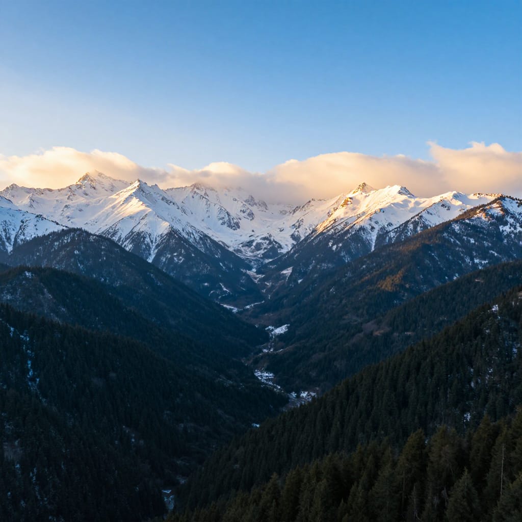 A wide-angle mountain landscape captured from a high vantage point, framed by the rule of thirds composition with the towering snow-capped peaks dominating the midground and foreground. The horizon line rests slightly above center, creating balanced depth and guiding the eye through converging ridges that stretch across the scene. Golden hour natural lighting bathes the landscape in a warm, radiant glow, softening shadows and casting luminous highlights across the snow-laden slopes, while diffused sunlight enhances the crisp white of the peaks and the deep green of the valley forests below. The atmosphere is calm and serene, with a sense of vastness and majesty that evokes peace and awe. The color palette is cool yet vibrant: a bright, clear blue sky contrasts with the deep, rich green of coniferous trees lining the valley floor, while the pristine white of snow-covered peaks adds a luminous touch to the scene. The wide-angle lens captures the full scale of the landscape without distortion, emphasizing the expansive horizon and the intricate texture of snow-dusted ridges veiled by distant clouds. Scene details include: snow-dusted summits partially obscured by soft, fluffy clouds, dark green coniferous trees forming a dense canopy along the valley floor, and a smooth, unbroken horizon line that enhances depth and scale. The overall feeling is one of tranquil sublime beauty, where mountain, sky, and earth converge in perfect harmony, capturing a moment of quiet grandeur and natural serenity.