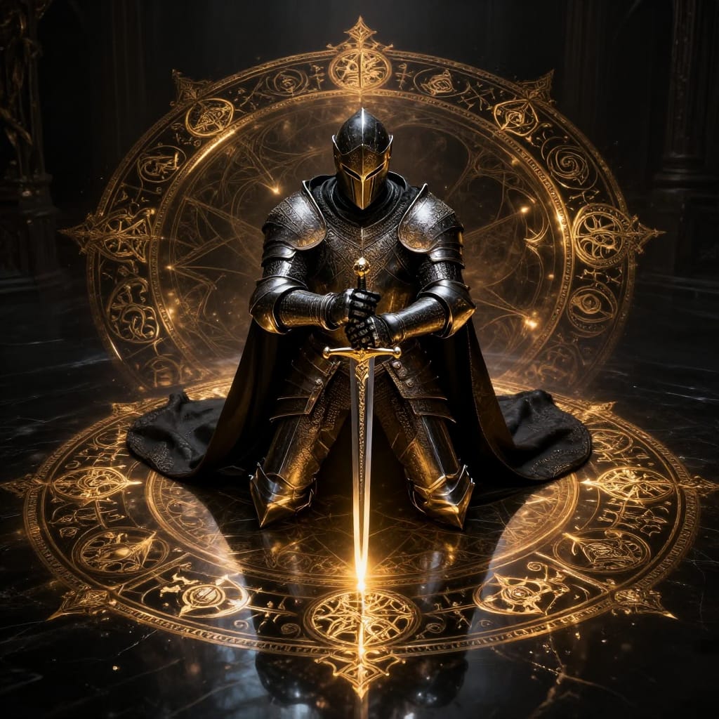 A knight in full ornate armor kneels on a dark, glossy reflective surface, holding a polished sword upright. The circular array of ancient symbols surrounds him, their intricate patterns glowing faintly with golden light that reflects off the surface. The knight’s cape flows behind him, catching the dramatic spotlight that illuminates his face and armor. The dark fantasy setting is rich with gothic detail: layered metalwork on the armor, delicate engravings on the symbols, and a mystical aura that permeates the scene. The surface’s reflective quality creates a mirror effect, doubling the symbols and casting sharp highlights on the knight’s form. The composition centers the knight with symmetrical precision, drawing the viewer’s eye through the symbols to the figure and sword. The lighting is intense and focused, creating a sense of reverence and power. The color palette is dominated by deep blacks and rich golds, with subtle metallic tones enhancing depth. The overall atmosphere is enigmatic and awe-inspiring, evoking a sense of ancient magic and quiet authority.