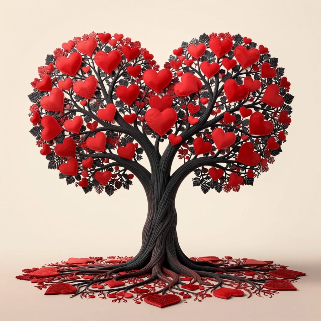 A stylized heart tree occupies a mid-shot frame in a balanced composition, its dark, textured trunk rising vertically from a richly detailed foreground where intricate heart-shaped patterns of red and brown roots spread outward like organic maps. The tree’s branches stretch upward in elegant curves, adorned with countless red heart-shaped elements that symbolize love and unity, each glowing softly under even, diffused lighting. A plain, light beige background anchors the scene, creating subtle contrast with the dark trunk and black, leafy branches that cast deep shadows. The lighting is soft and even, eliminating harsh highlights or shadows to emphasize the tree’s form and the delicate textures of its bark and foliage. The composition centers the tree symmetrically, adhering to the rule of thirds, with even distribution of red hearts across the branches and roots for balanced harmony. The scene is still and serene, evoking a feeling of joy, growth, and emotional connection through its peaceful stillness and radiant details. The color palette features a neutral light beige background, contrasted with the dark trunk and black leaves, while vibrant red hearts add a striking, joyful pop of color that draws the eye and amplifies the theme of love and togetherness.