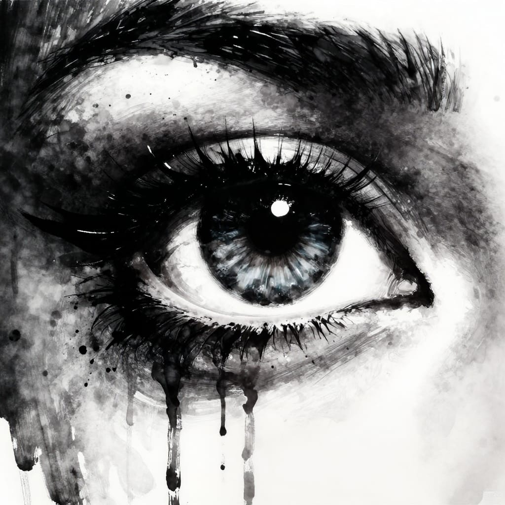 A hyper-stylized close-up of a human eye rendered in expressive ink and dark media, with splashes and drips of ink creating dynamic texture and movement. The composition centers on the eye, its iris and pupil rendered with intricate detail through bold, expressive brushwork that emphasizes contrast and depth. The surrounding area is softly blurred and shadowed in deep blacks and grays, drawing intense focus to the subject. Dramatic lighting creates stark contrasts between light and dark, enhancing the emotional intensity of the gaze. The color palette consists of rich black, deep white, and muted grays, with occasional splashes of darker ink adding visual weight. The overall feeling is one of profound intensity, mystery, and emotional depth, evoked through the interplay of texture, contrast, and focused composition.