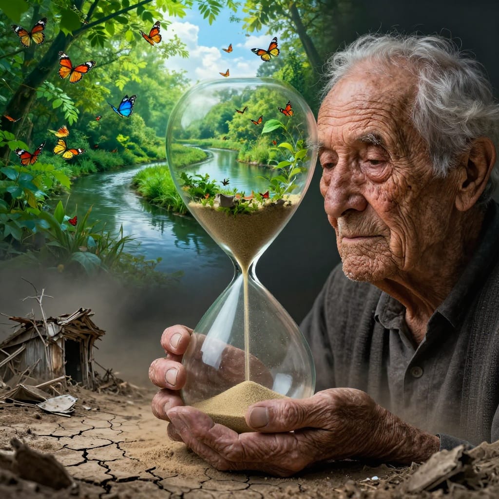 An elderly person, their face deeply wrinkled and marked with age spots, holds an hourglass in a moment of quiet reflection. The hourglass divides the composition into two symmetrical halves: the top half bursts with life—vibrant emerald green foliage, a winding river reflecting the sky, and countless butterflies fluttering through a sun-drenched atmosphere. The bottom half reveals a desolate landscape: cracked earth, scattered debris, and a weathered structure half-buried in dust, symbolizing time’s erosion. The hyperrealistic digital illustration captures every detail—the texture of aged skin, the granular sand cascading through the hourglass, and the intricate patterns of nature’s cycles. Subtle, diffused lighting bathes the scene in a gentle glow, highlighting the intricate textures without harsh contrast. The color palette balances earthy browns and muted grays of the elderly figure with the vivid greens and blues of the top half, creating a powerful visual contrast that evokes contemplation on time’s passage and the fragile beauty of change. The overall feeling is one of profound stillness, reverence for life’s fleeting moments, and a quiet meditation on nature’s cycle and the inevitable passage of time.