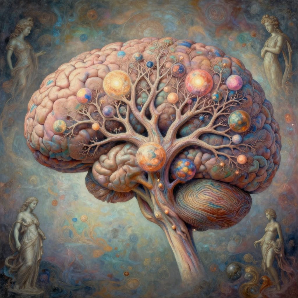 A digital art composition of a brain with a tree-like structure emerging from its surface, rendered in a surreal and philosophical style. The brain is central, its intricate neural pathways forming a lush, branching tree whose branches radiate outward with delicate, organic texture. Each branch bears vibrant spherical elements resembling planets or celestial bodies, glowing with warm earth tones, soft pastels, and radiant highlights that evoke wonder. The background features classical sculptures—statues of mythological figures and abstract forms—floating in a hazy, dreamlike atmosphere, adding depth and symbolic weight to the scene. The surface is flat but layered with intricate detail: fine brushstrokes define the brain’s ridges and the tree’s delicate foliage, while gradients soften transitions between elements. Lighting is soft and diffused, casting a gentle glow that illuminates the brain’s surface and highlights the celestial spheres with subtle luminescence. The color palette blends earthy browns and greens with luminous pinks, blues, and golds, creating a harmonious fusion of organic life and cosmic mystery. The overall feeling is ethereal and thought-provoking, inviting contemplation of consciousness, growth, and the universe’s hidden connections.