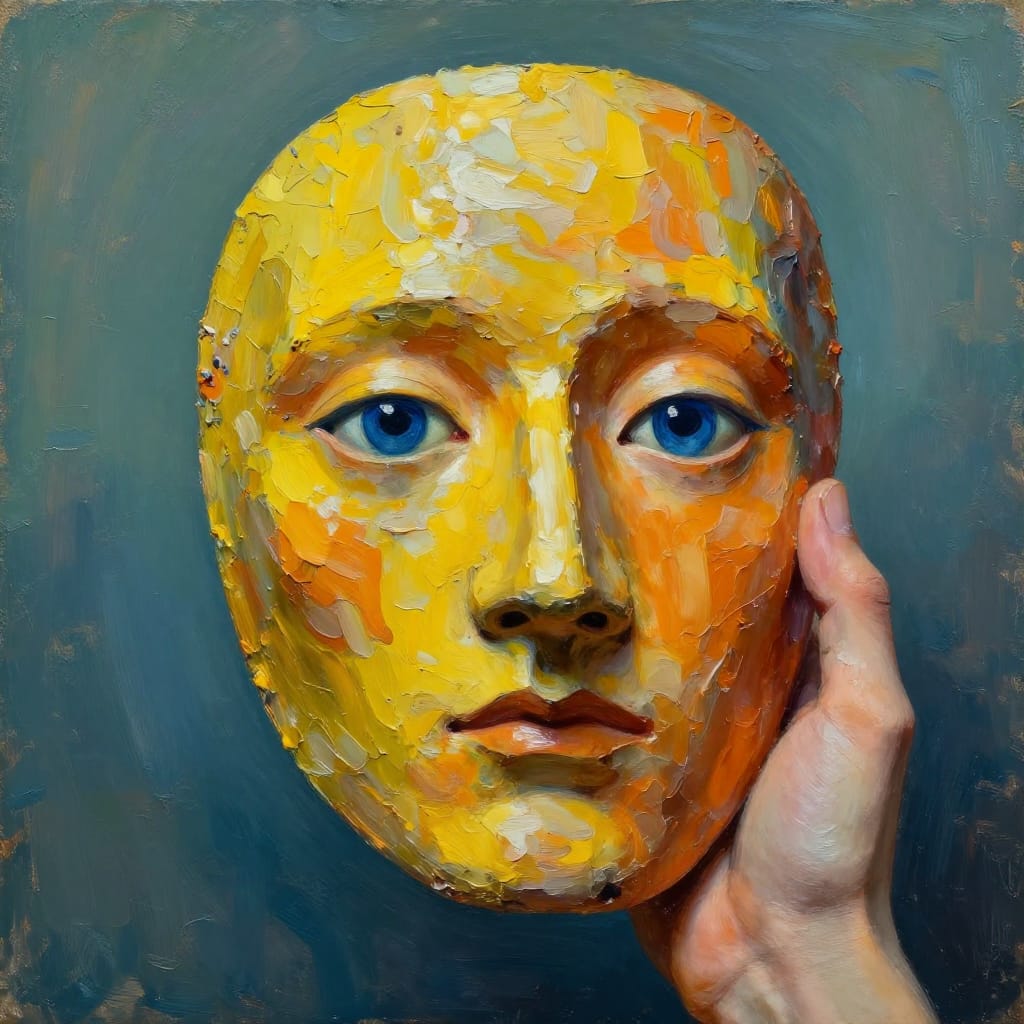 A person with a hand holding a textured, painted mask covering their face, partially revealing striking blue eyes and expressive expression. The mask, rendered in thick impasto technique, features rich yellow, orange, and brown tones with visible brushstrokes, while the skin beneath shows subtle textures and natural imperfections. The composition is centered, with the mask occupying a dominant vertical space, and the person’s hand in the foreground anchoring the scene. Subtle lighting from an unseen source highlights the eyes and mask’s surface, creating dramatic contrasts against a soft, muted blue-green background that deepens the mood. The overall feeling is one of quiet introspection and enigmatic mystery, enhanced by the tactile quality of the paint and the surreal presence of the mask, which veils both concealment and revelation.