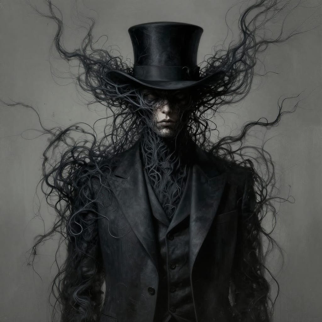A surrealistic digital art portrait of a figure in a dark, tailored suit and a top hat, surrounded by flowing, dark, string-like tendrils that emanate from the head like organic hair or roots. The composition centers the subject with dynamic lines radiating outward, creating a sense of movement and mystery. The background is plain, uncluttered, emphasizing the figure’s presence. Subtle lighting casts deep shadows that highlight the textures of the suit’s fabric and the delicate, fibrous quality of the strings. The color palette is dominated by rich blacks and grays, punctuated by soft contrasts in the tendrils’ subtle sheen, evoking a mood of decay, transformation, and quiet unease. The digital brushwork captures intricate detail in the suit’s smooth texture and the organic weave of the strings, creating a textural depth that feels both manufactured and natural. The overall atmosphere is dark, mysterious, and slightly eerie, with an otherworldly stillness that lingers in the air between form and shadow.