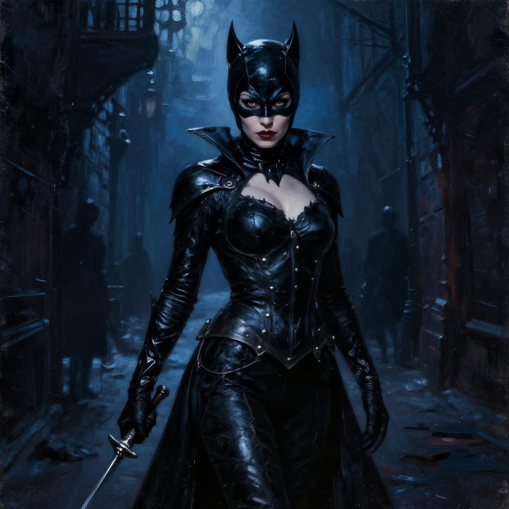 A striking portrayal of Catwoman in a dramatic urban alleyway, rendered in a dark fantasy or gothic style on richly textured canvas. The subject stands centrally, her powerful stance commanding attention as she grips a weapon in her right hand, eyes sharp and alert. Her tattered black leather costume features a high collar and bat-like ear extensions that catch the dim light, emphasizing her agile form and regal presence. The background reveals a dimly lit alley with distant figures and shadowy silhouettes, creating depth and a sense of mystery. The lighting is low and moody, casting strong contrasts between the illuminated subject and the dark surroundings, which enhances the dramatic effect. The color palette is dominated by deep blacks and dark blues, punctuated by subtle hints of light blue and gray in the background, creating a cool and ominous atmosphere. The artwork features detailed brushwork with a focus on texture—especially in the fabric weave of the costume, the sheen of her armor, and the grain of the wooden alley walls. The composition is balanced yet dynamic, drawing the eye to her confident posture and the weapon she holds, evoking a feeling of mystery, power, and readiness. The overall atmosphere is one of dark enchantment, where Catwoman stands as a formidable and enigmatic figure poised for action in a world of shadow and silence.