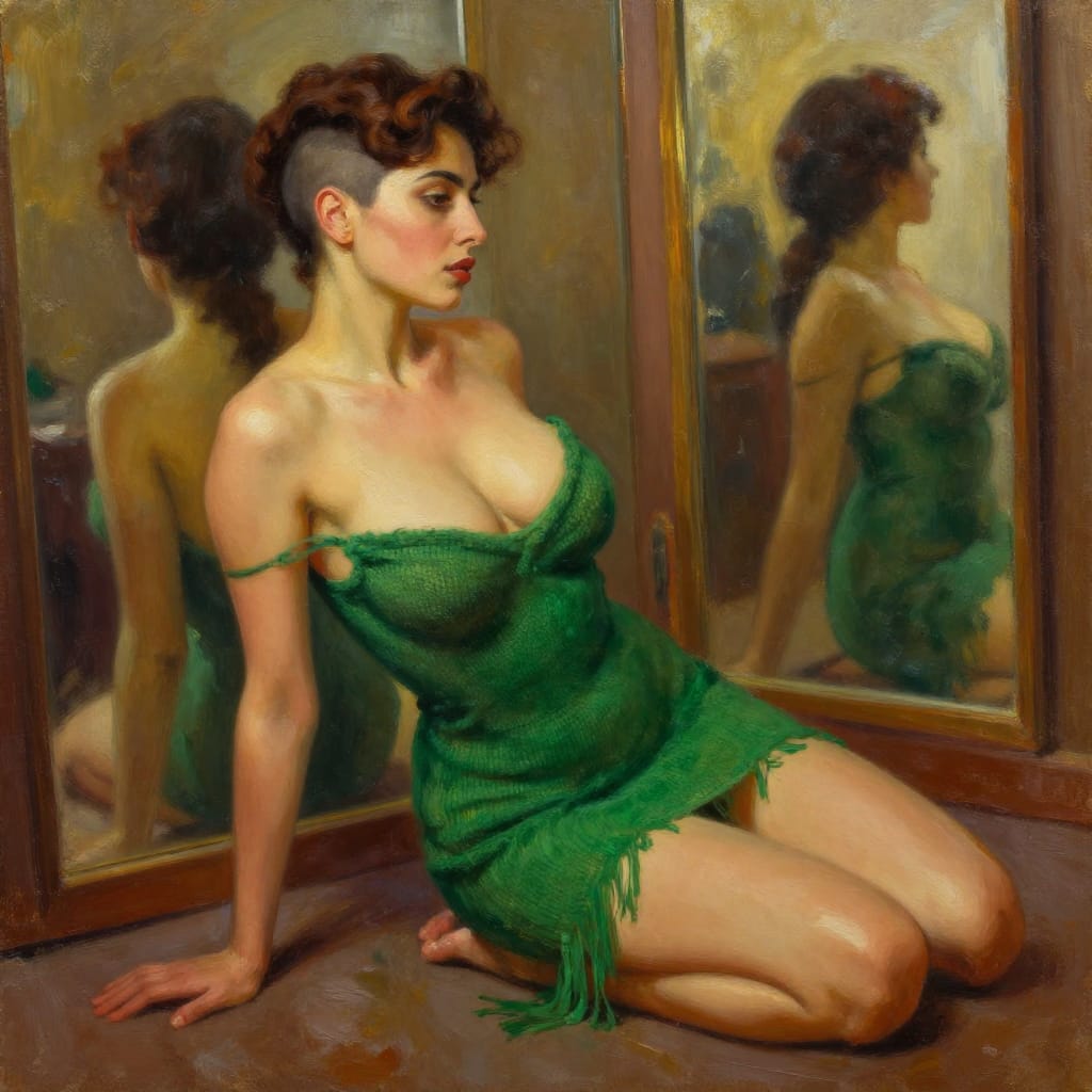 An oil painting on aged paper depicting a 25-year-old Iranian woman with an athletic fit body, defined by a slim waist, toned arms/shoulders, curvy hips, and an extremely large bust with strong cleavage. Her side part comb-over hairstyle features a high fade, and her round eyes express quiet confidence. She wears a backless, plunging cowl neckline green fringe knitted mini dress, revealing her sideboob and upper thigh. Posed on hands and knees with her head tilted over her shoulder, she looks toward the mirror in a dressing room filled with reflective surfaces. The composition uses a Dutch Angle/Tilt to create dynamic tension, while soft, diffused lighting from a warm source highlights her skin and hair with gentle glow. The brushwork is detailed and expressive, with thick impasto strokes capturing texture in her hair and dress. The color palette is warm and earthy, featuring rich greens, golden yellows, and deep browns, evoking a romantic, intimate atmosphere of quiet self-expression and personal connection.