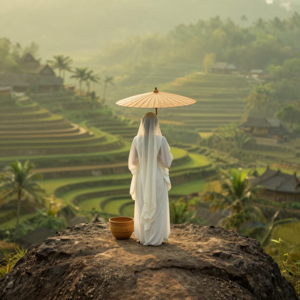 A serene digital photograph captures a person in traditional attire standing on a rugged rocky outcrop, their posture calm and deliberate. The subject is centered, their flowing garments catching the soft light, while a handwoven basket rests at their feet. The rocky terrain forms a natural foreground, textured with subtle digital brushwork that mimics weathered stone and pebbled surfaces. Behind, a misty terraced landscape unfolds—layered fields of emerald and ochre greens, punctuated by delicate palm trees and the silhouettes of traditional buildings, suggesting a rural or historical village. A soft, diffused light bathes the scene from above, creating a hazy atmosphere that blurs distant details into gentle bokeh. The color palette is earthy and natural, dominated by muted greens and ochres, while the subject’s white clothing provides a striking contrast against the warm tones. Subtle hints of gold and red emerge from the basket’s woven patterns and the traditional umbrella held aloft, adding a touch of cultural richness. The composition balances depth and intimacy, with the rocky outcropping acting as both anchor and frame. The overall feeling is one of tranquility and quiet mystery, evoking a sense of peaceful reflection amid nature’s timeless beauty and cultural heritage.
