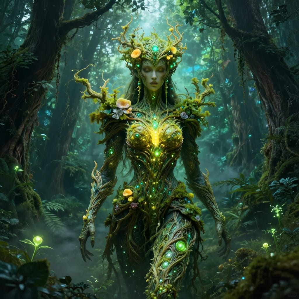 A digital canvas painting of a majestic forest deity, rendered in intricate fantasy realism with hyper-detailed organic armor and a flowing headdress woven from luminous vines and glowing moss. The deity stands at the center of a dense, emerald forest, its form partially obscured by cascading branches and mist that create depth and mystery. The armor is crafted from living bark and leaf patterns, with glowing green nodes pulsing along its surface, while the headdress features clusters of blooming flowers and bioluminescent fungi. Subtle ethereal lighting emanates from within the deity’s form and the surrounding foliage, casting soft highlights that enhance the mystical atmosphere. The background is a rich tapestry of layered trees with varying textures—detailed leaves, glowing saplings, and misty fog—creating a sense of immersive depth. The color palette is dominated by lush greens, punctuated by warm yellows in the deity’s armor and cool blues in the sky and water reflections. The overall feeling evokes awe and wonder, transporting the viewer into a living, magical realm where nature and divinity merge seamlessly.