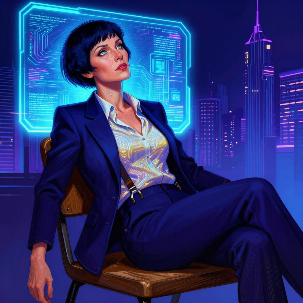 A cyberpunk-style digital illustration depicting a 45-year-old Welsh woman with short French crop hair and strikingly prominent eyes, captured mid-action in a loose, tailored suit with suspenders slung backward. She sits backward in a wooden chair, her unbuttoned shirt revealing a subtle sheen of weathered skin and faint digital circuit patterns beneath. The scene is illuminated by a dramatic neon glow from a holographic sign behind her, casting cool blue and electric purple highlights that contrast with warm amber shadows. Her expression is one of weary satisfaction, eyes focused yet weary, framing the composition with a dynamic tilt. The background features a minimalist cityscape with vertical skyscrapers and floating data streams, enhancing the cyberpunk atmosphere. The brushwork is smooth vector lines for the chair’s grain and sharp geometric edges for the neon signage. The color palette is rich: deep indigo, vibrant electric blue, and glowing gold accents create a high-contrast, immersive visual experience. The overall feeling is contemplative yet vibrant, capturing a moment of quiet resilience after a long day in a futuristic urban setting.