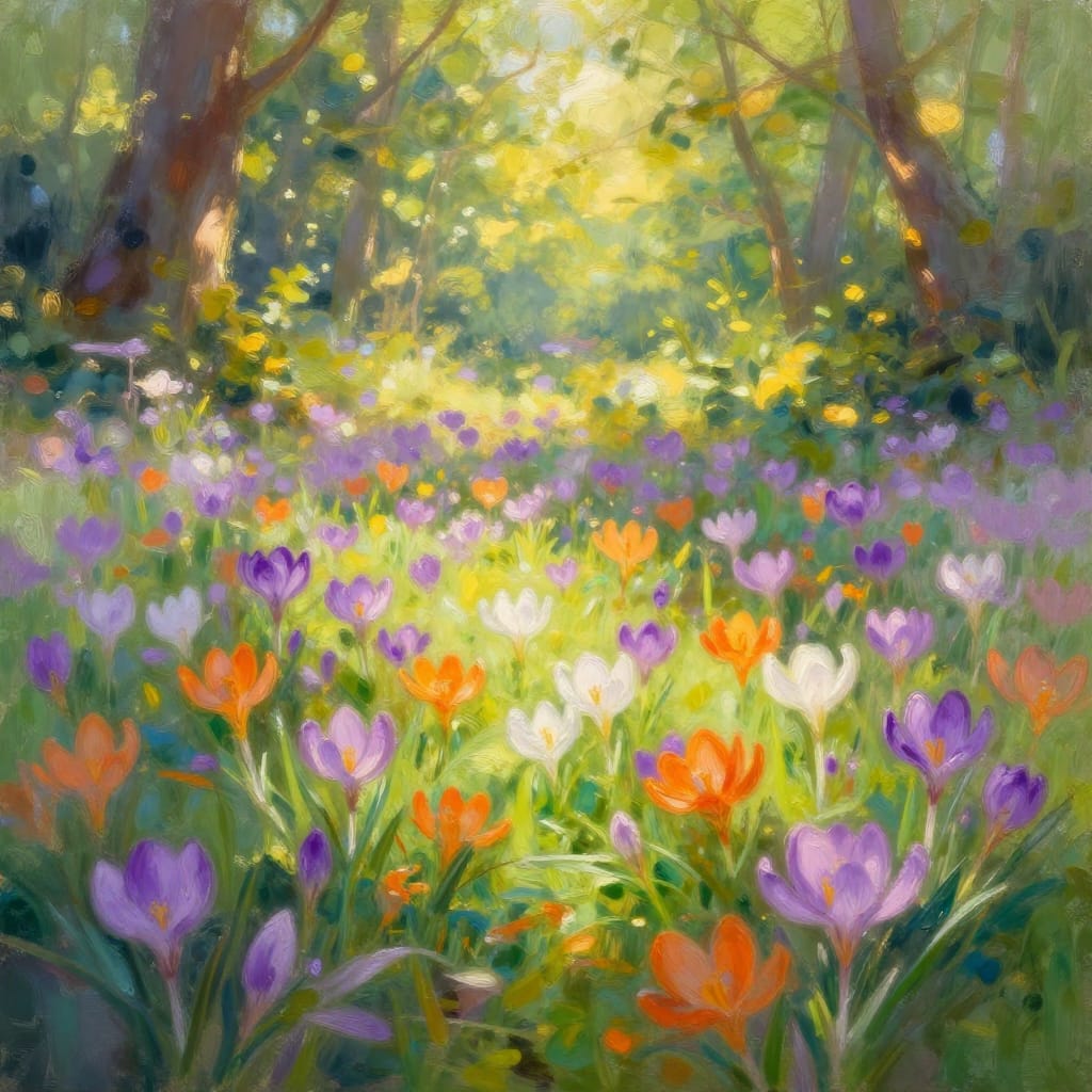 A vibrant digital painting of spring flowers rendered in an impressionistic style, capturing the soft interplay of light and shadow across a lush forest setting. The central focus is a radiant display of crocus flowers in rich purples, warm oranges, and delicate whites, their petals softly blurred to emphasize texture and depth. The foliage around them glows with emerald greens and golden yellows, while a dense canopy of trees filters sunlight into dappled beams that dance across the scene. The brushwork is smooth yet expressive, with delicate strokes highlighting the subtle gradients of color and the soft glow on petals. The composition balances the intimate details of individual blooms with the expansive depth of the forest background, creating a sense of quiet wonder. Natural light bathes the entire canvas in a warm, golden hue, evoking early morning or late afternoon calm. The color palette bursts with life: deep purples, radiant oranges, soft whites, and vibrant greens merge seamlessly, creating a harmonious tapestry of spring’s gentle magic. The overall atmosphere is serene and peaceful, evoking renewal and the quiet beauty of nature in full bloom.